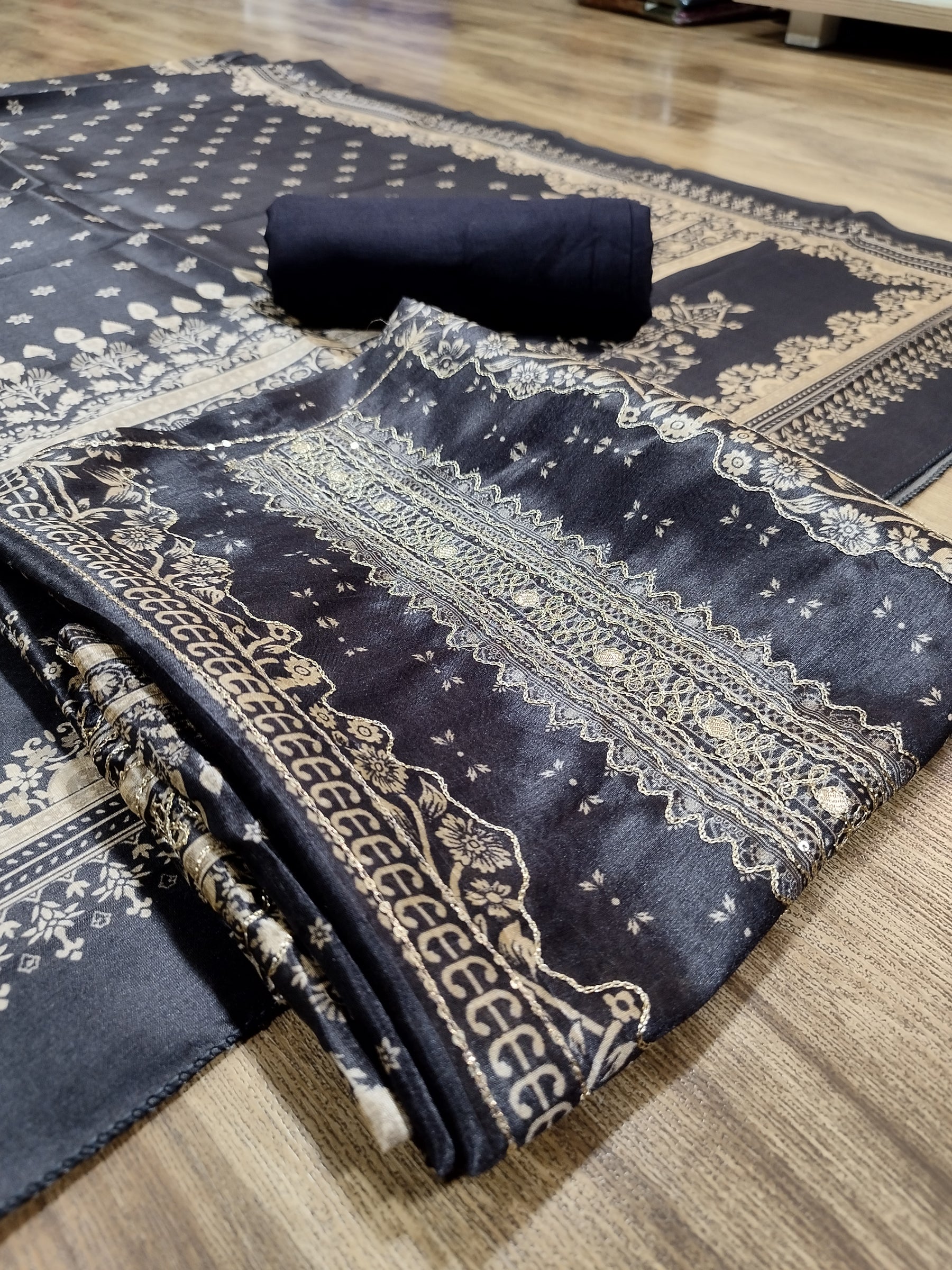 Timeless Black Assam Silk Digital Print Suit | Jari Work & Sequin Embellishments