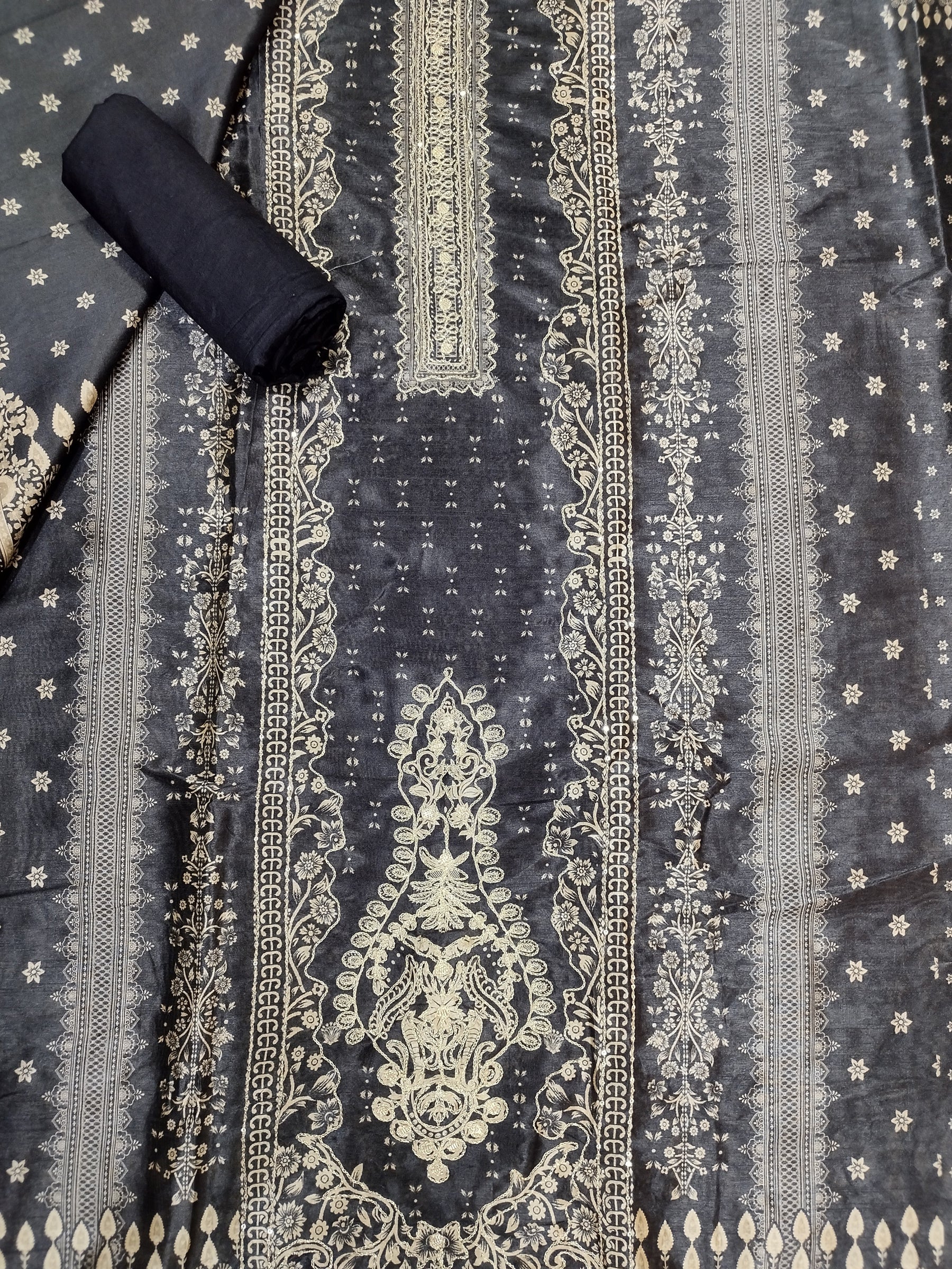 Timeless Black Assam Silk Digital Print Suit | Jari Work & Sequin Embellishments