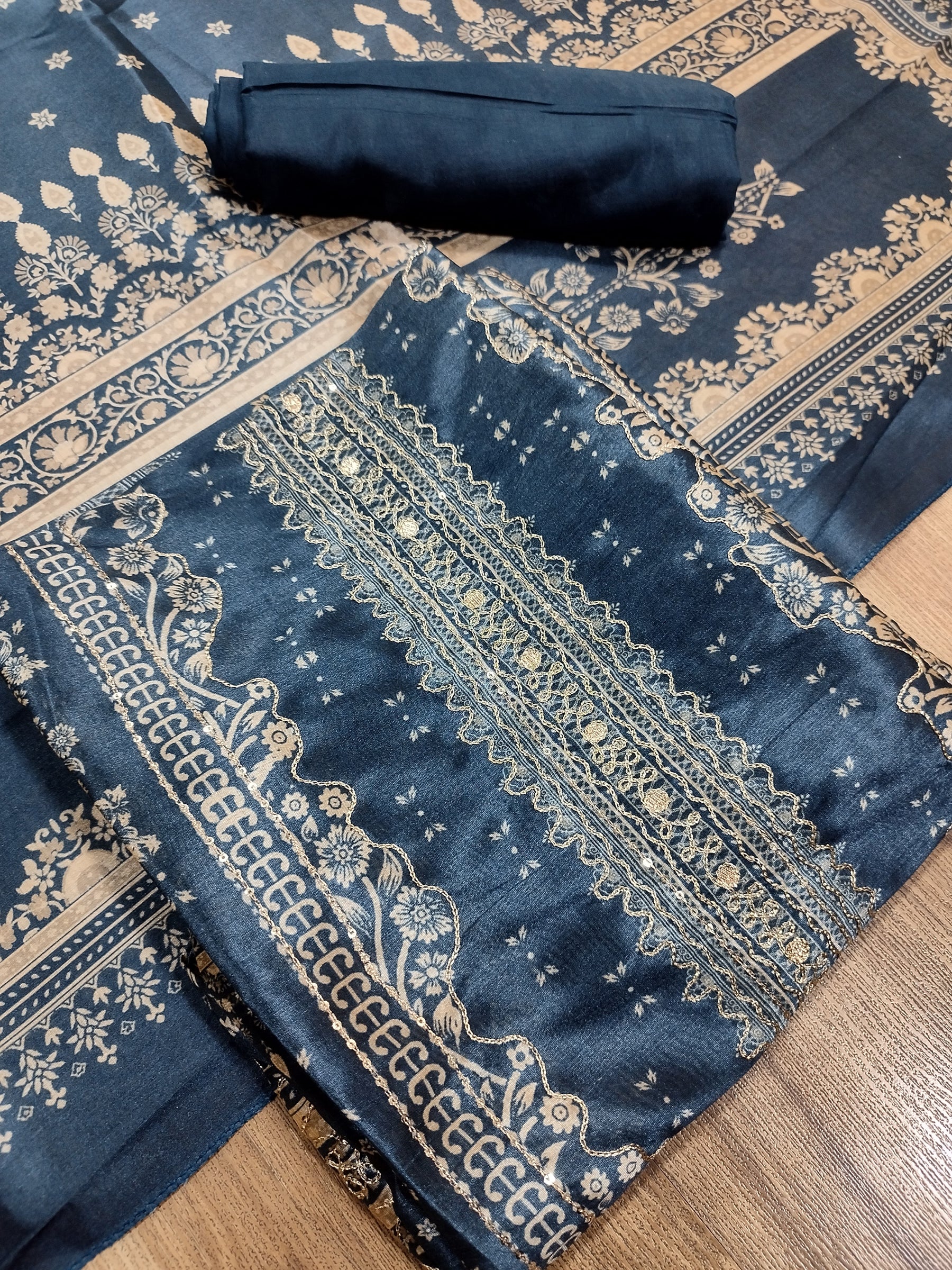 Sophisticated Navy Blue Assam Silk Digital Print Suit | Jari Work & Sequin Embellishments