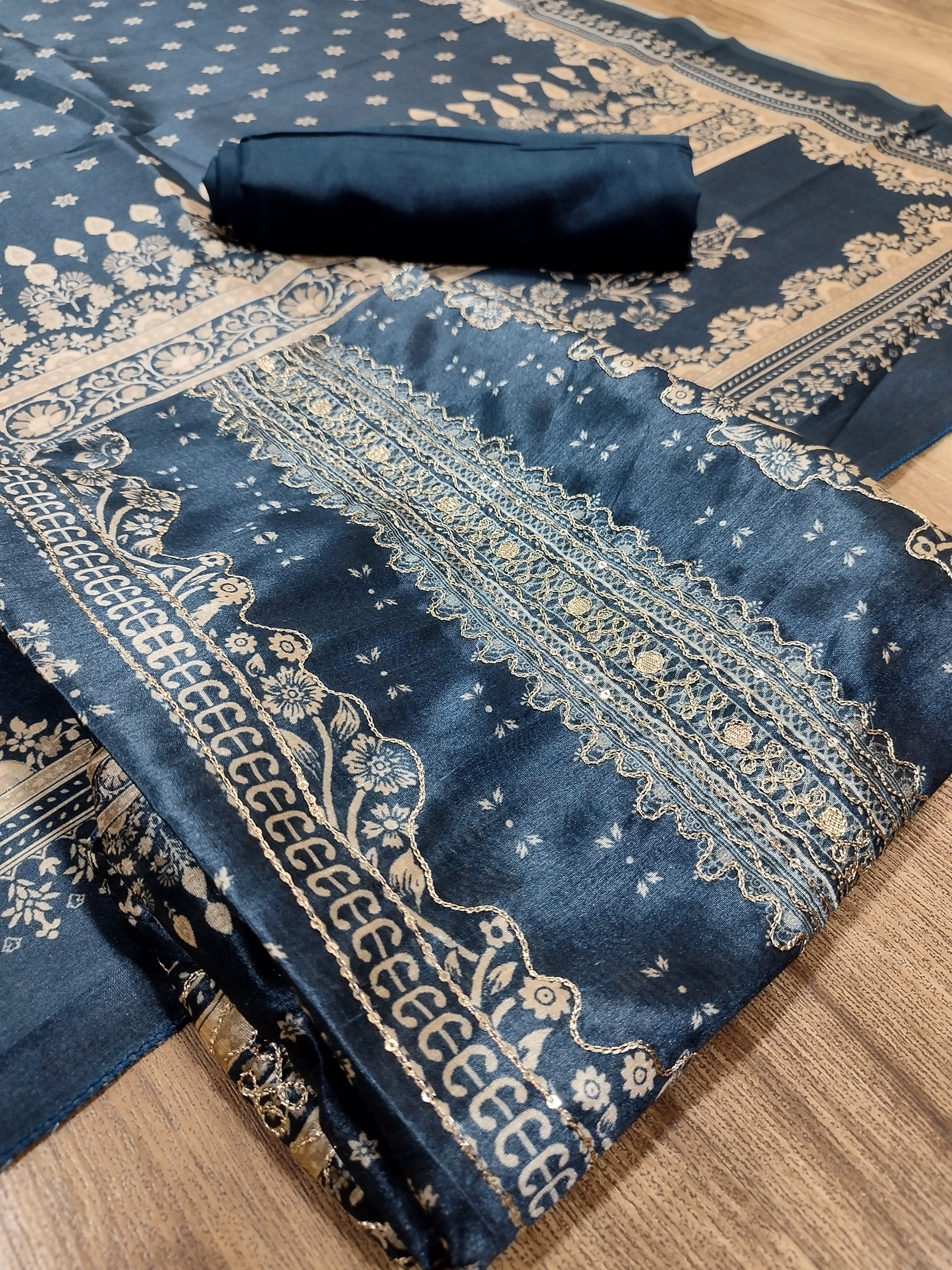 Sophisticated Navy Blue Assam Silk Digital Print Suit | Jari Work & Sequin Embellishments