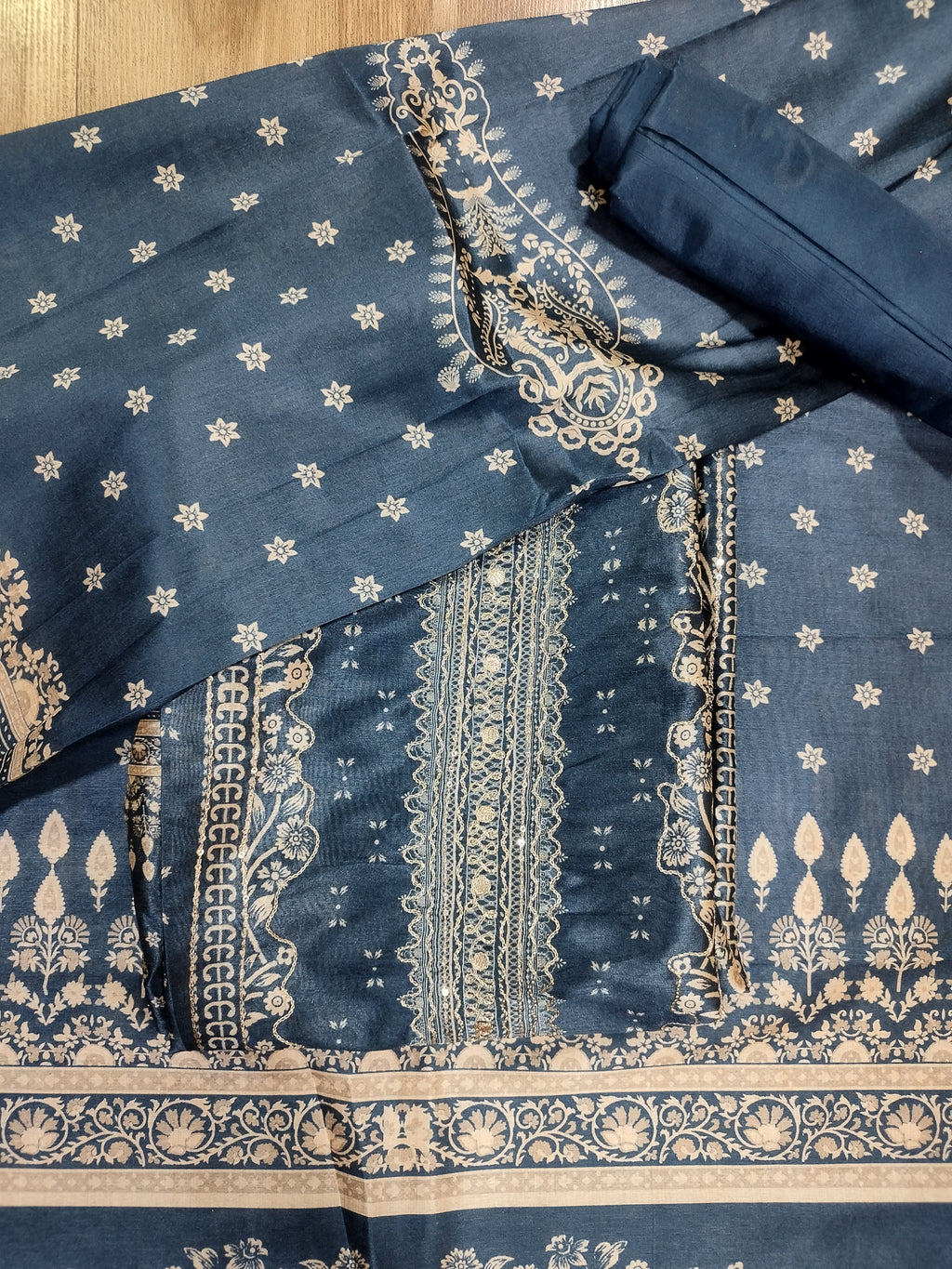 Sophisticated Navy Blue Assam Silk Digital Print Suit | Jari Work & Sequin Embellishments