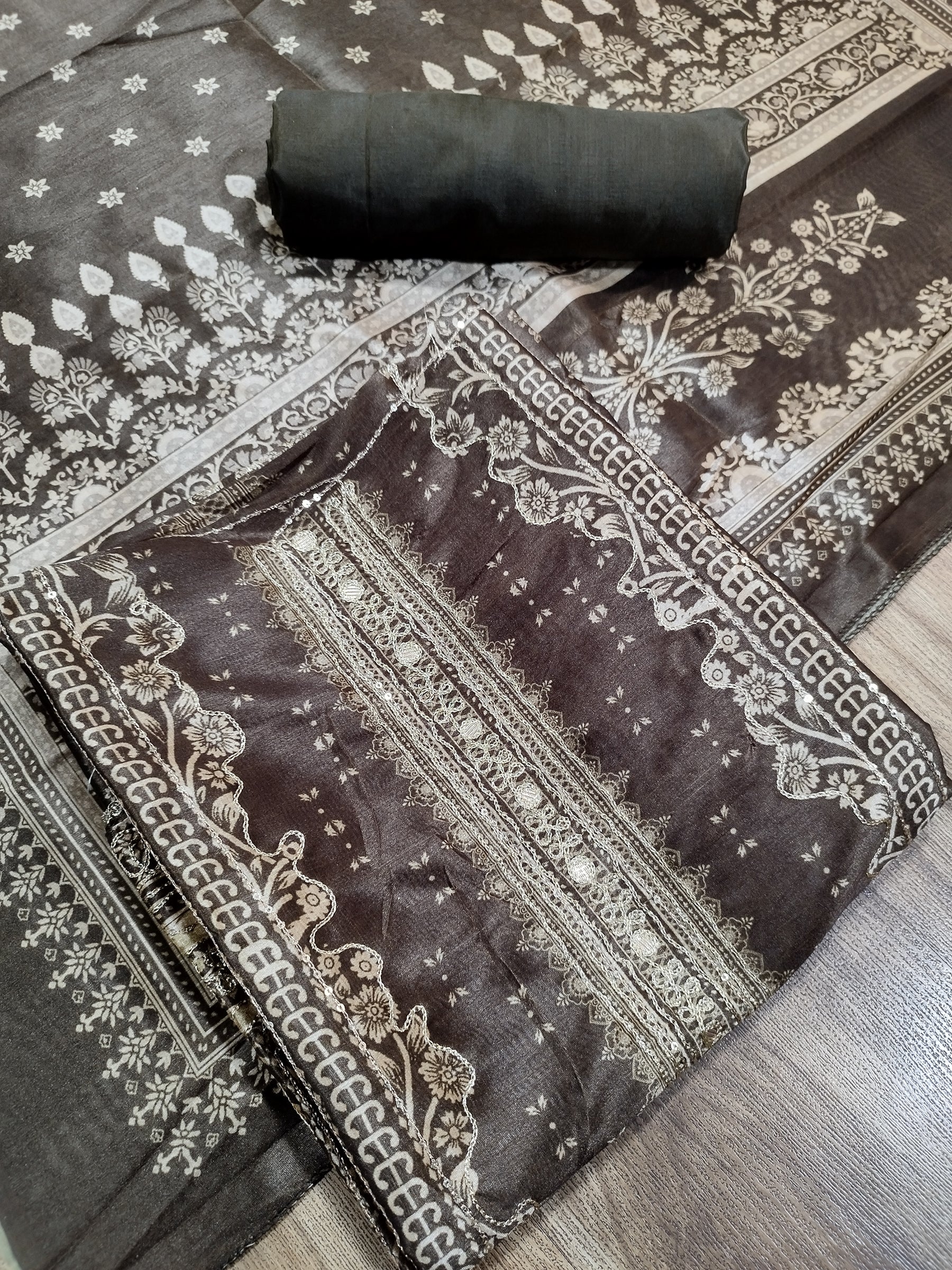 Earthy Brown Assam Silk Digital Print Suit | Jari Work & Sequin Embellishments