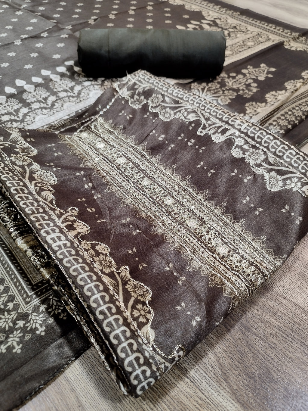 Earthy Brown Assam Silk Digital Print Suit | Jari Work & Sequin Embellishments