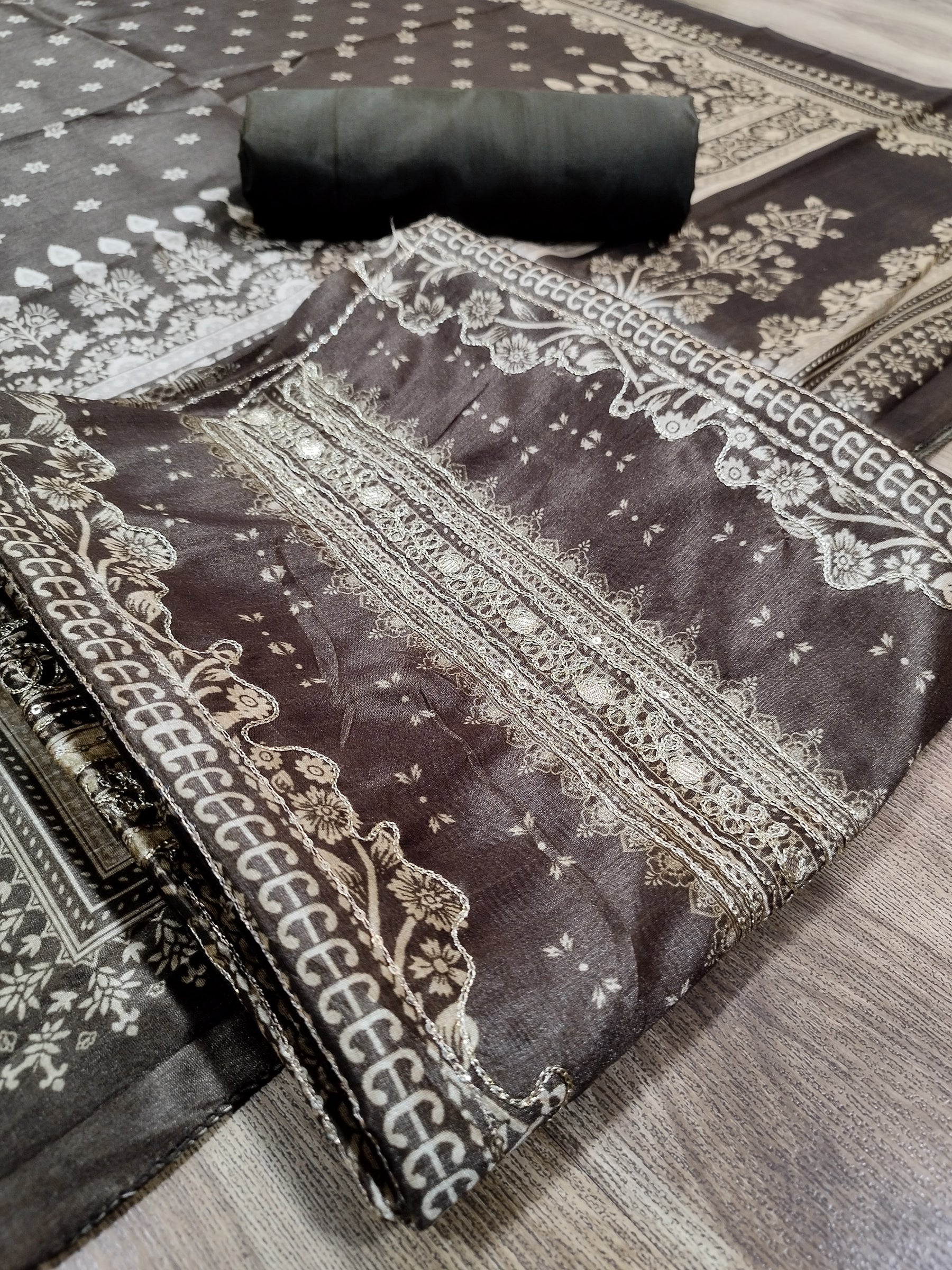 Earthy Brown Assam Silk Digital Print Suit | Jari Work & Sequin Embellishments