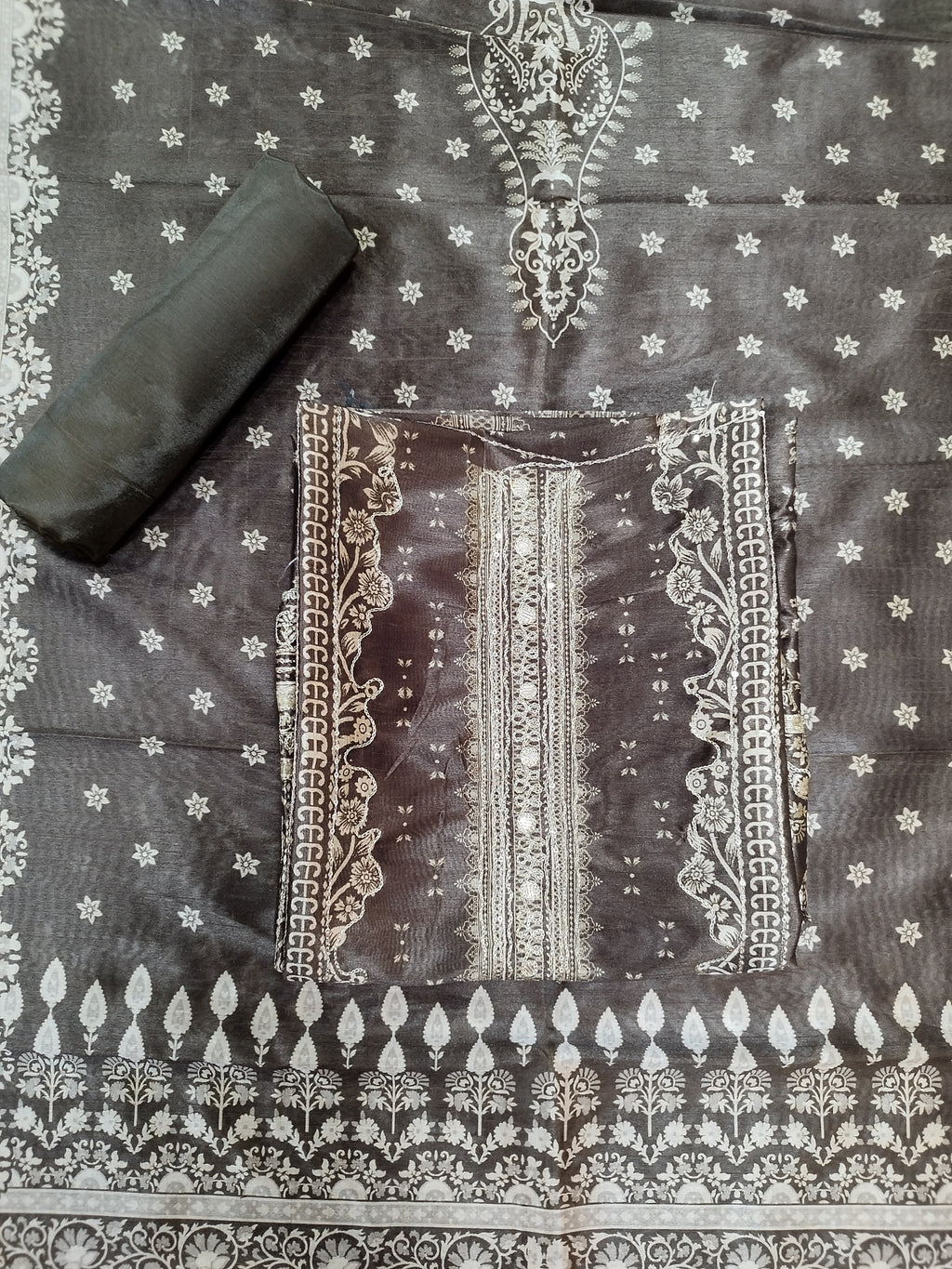 Earthy Brown Assam Silk Digital Print Suit | Jari Work & Sequin Embellishments