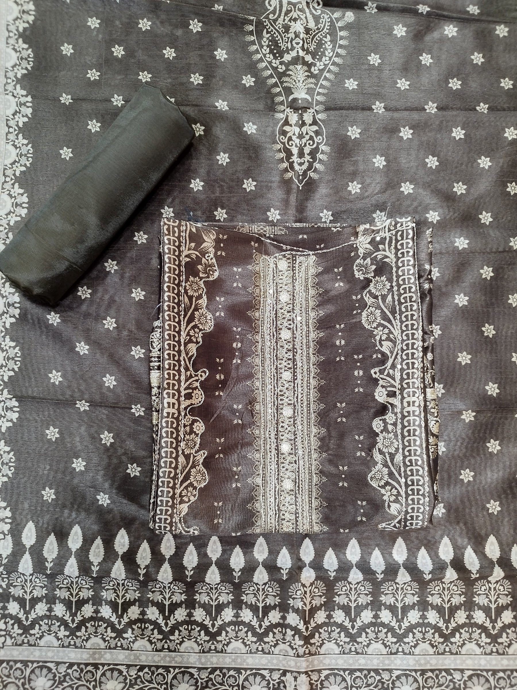 Earthy Brown Assam Silk Digital Print Suit | Jari Work & Sequin Embellishments