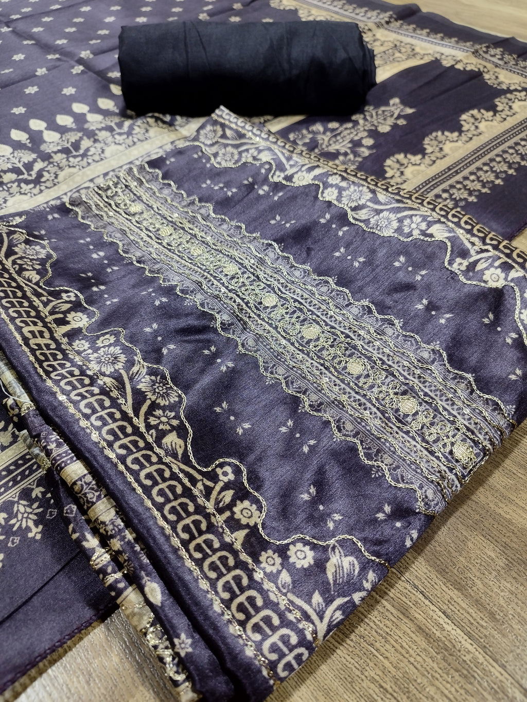 Regal Purple Assam Silk Digital Print Suit | Jari Work & Sequin Embellishments