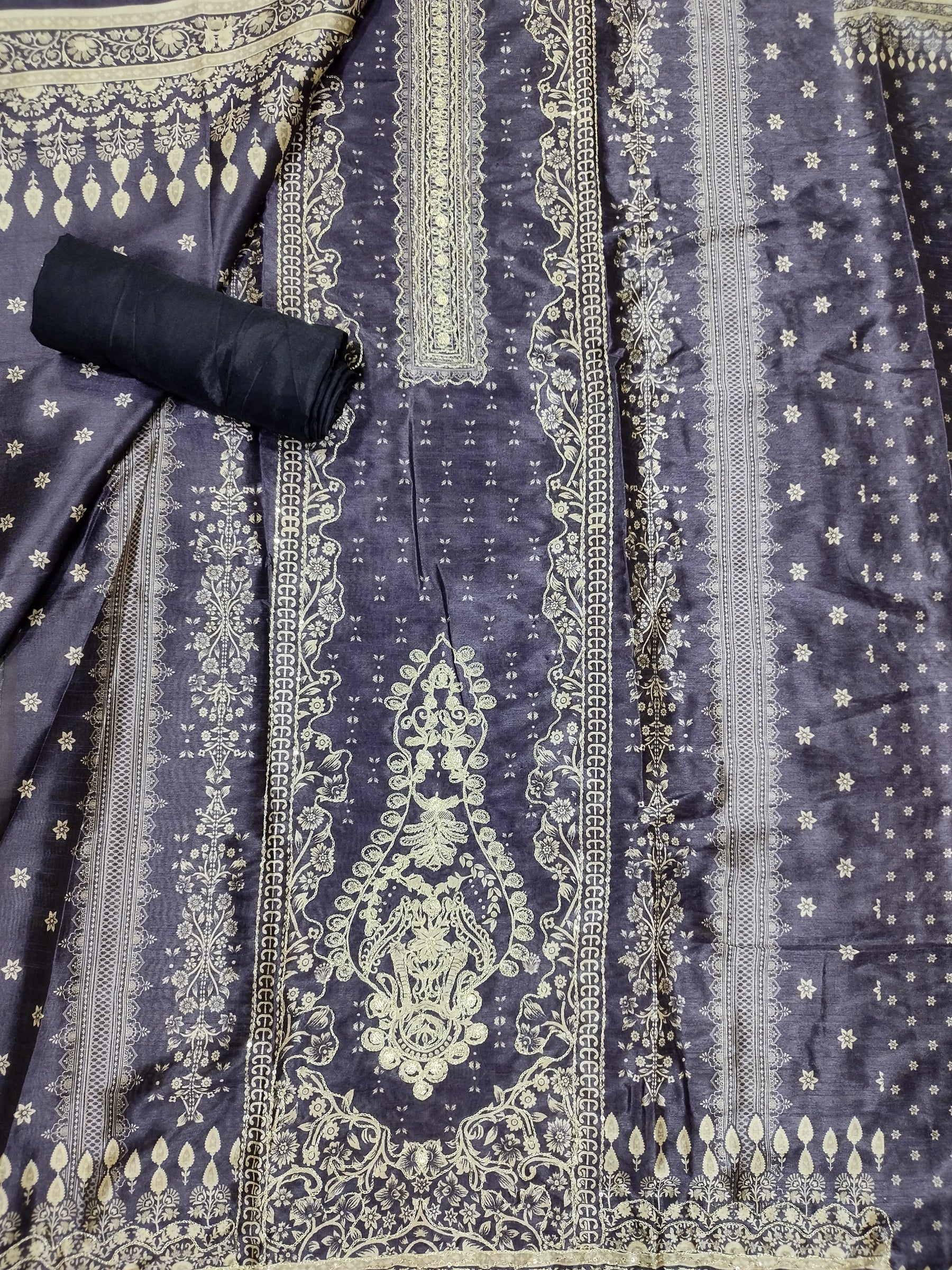 Regal Purple Assam Silk Digital Print Suit | Jari Work & Sequin Embellishments
