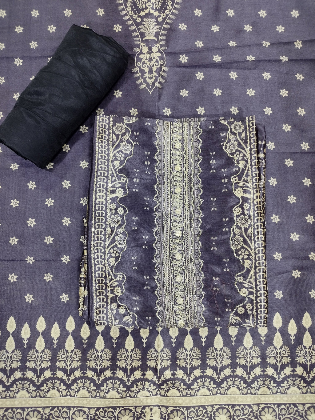 Regal Purple Assam Silk Digital Print Suit | Jari Work & Sequin Embellishments
