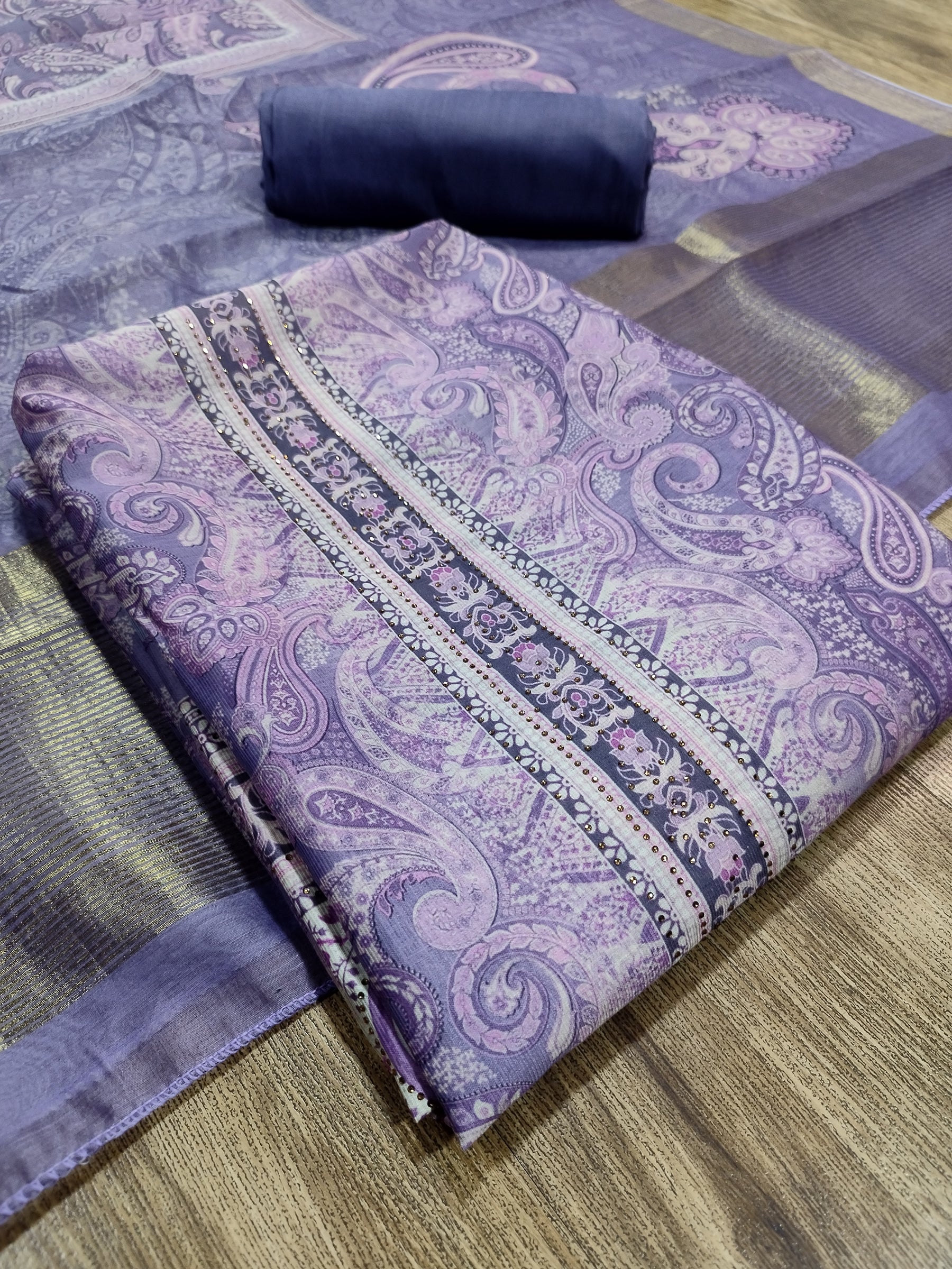 Elegant Violet Assam Silk Digital Print Suit | Crystal Embellished Paisley Design