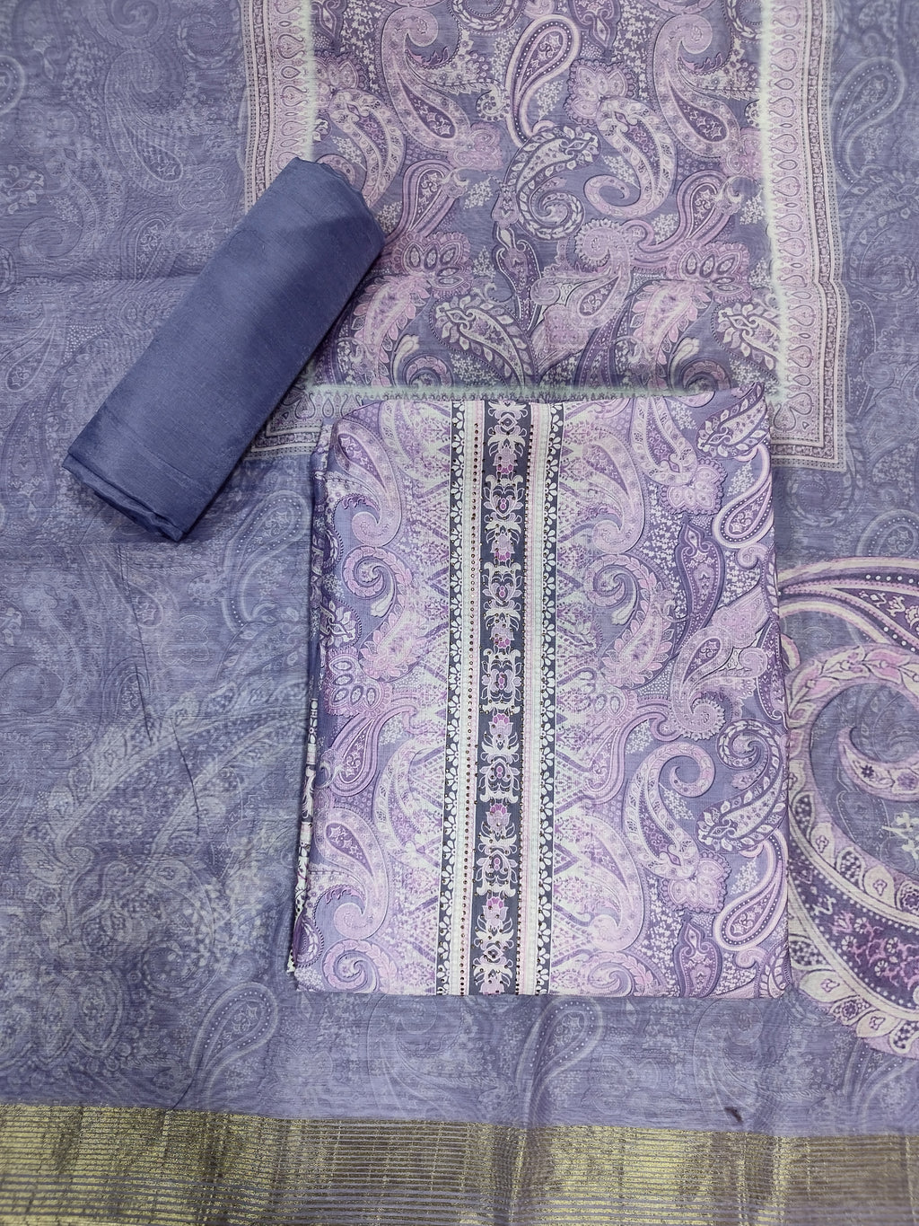 Elegant Violet Assam Silk Digital Print Suit | Crystal Embellished Paisley Design