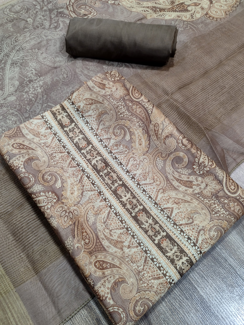 Vibrant Mustard Assam Silk Digital Print Suit | Crystal Embellished Paisley Design