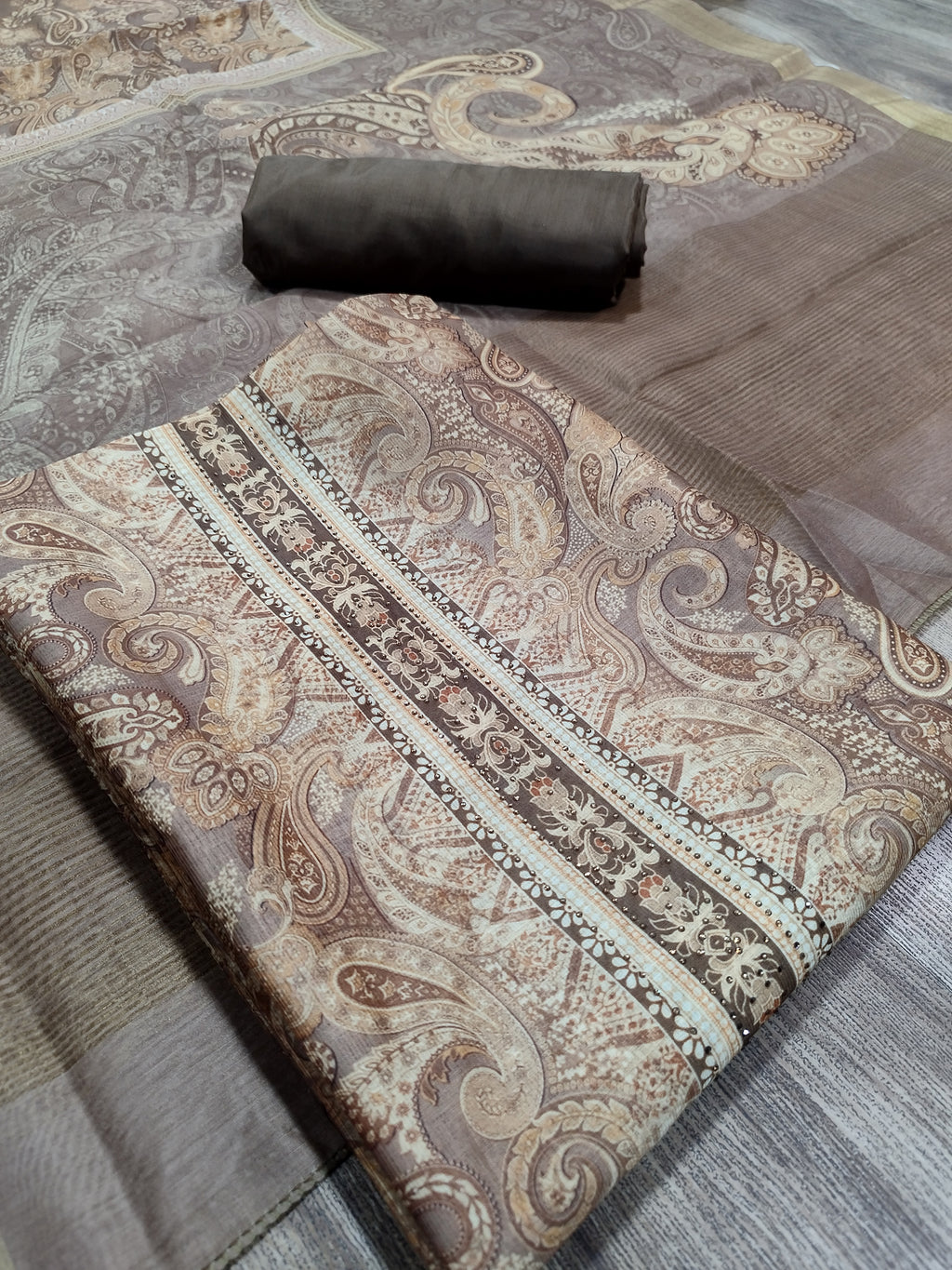 Vibrant Mustard Assam Silk Digital Print Suit | Crystal Embellished Paisley Design