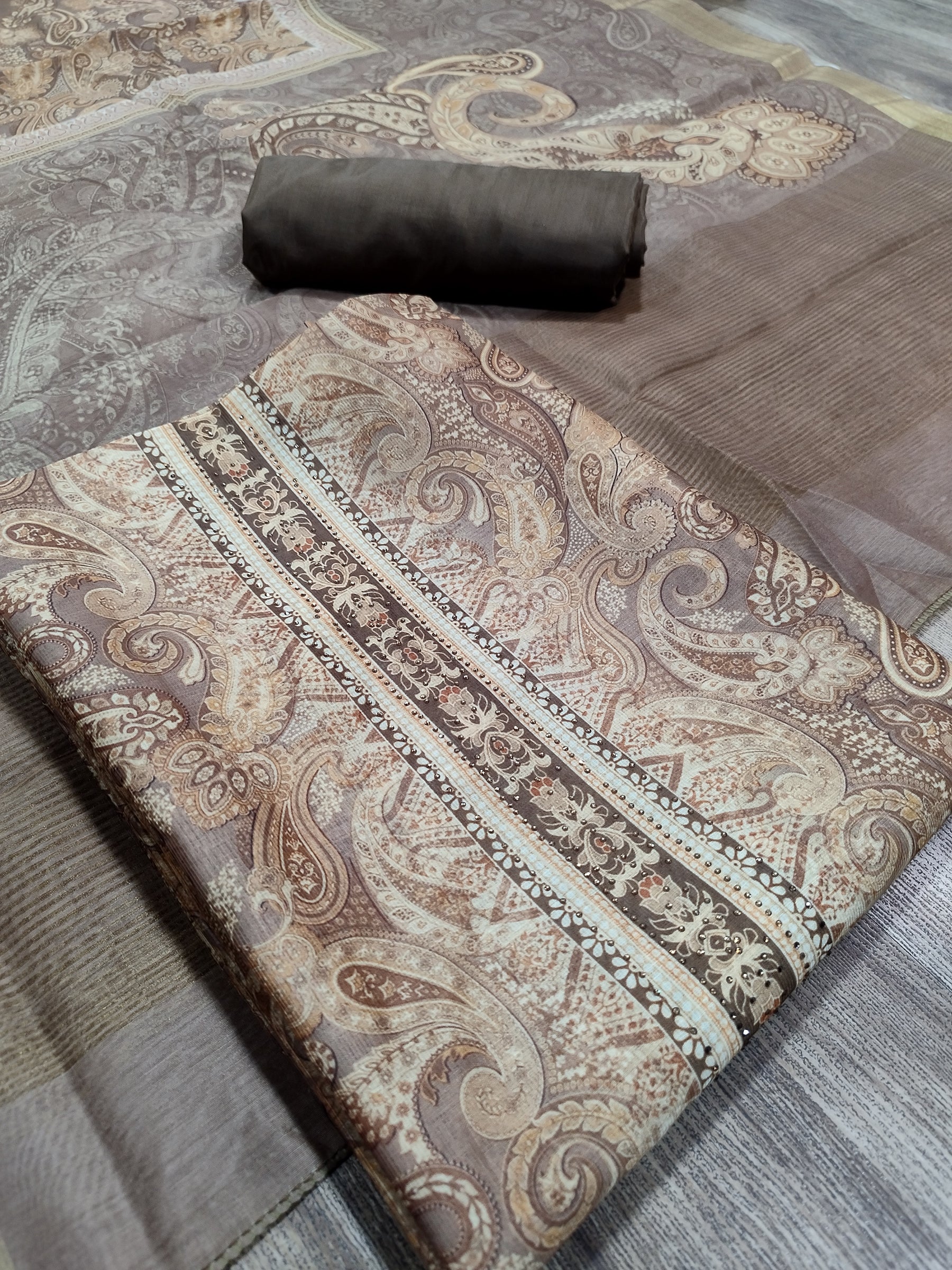 Vibrant Mustard Assam Silk Digital Print Suit | Crystal Embellished Paisley Design