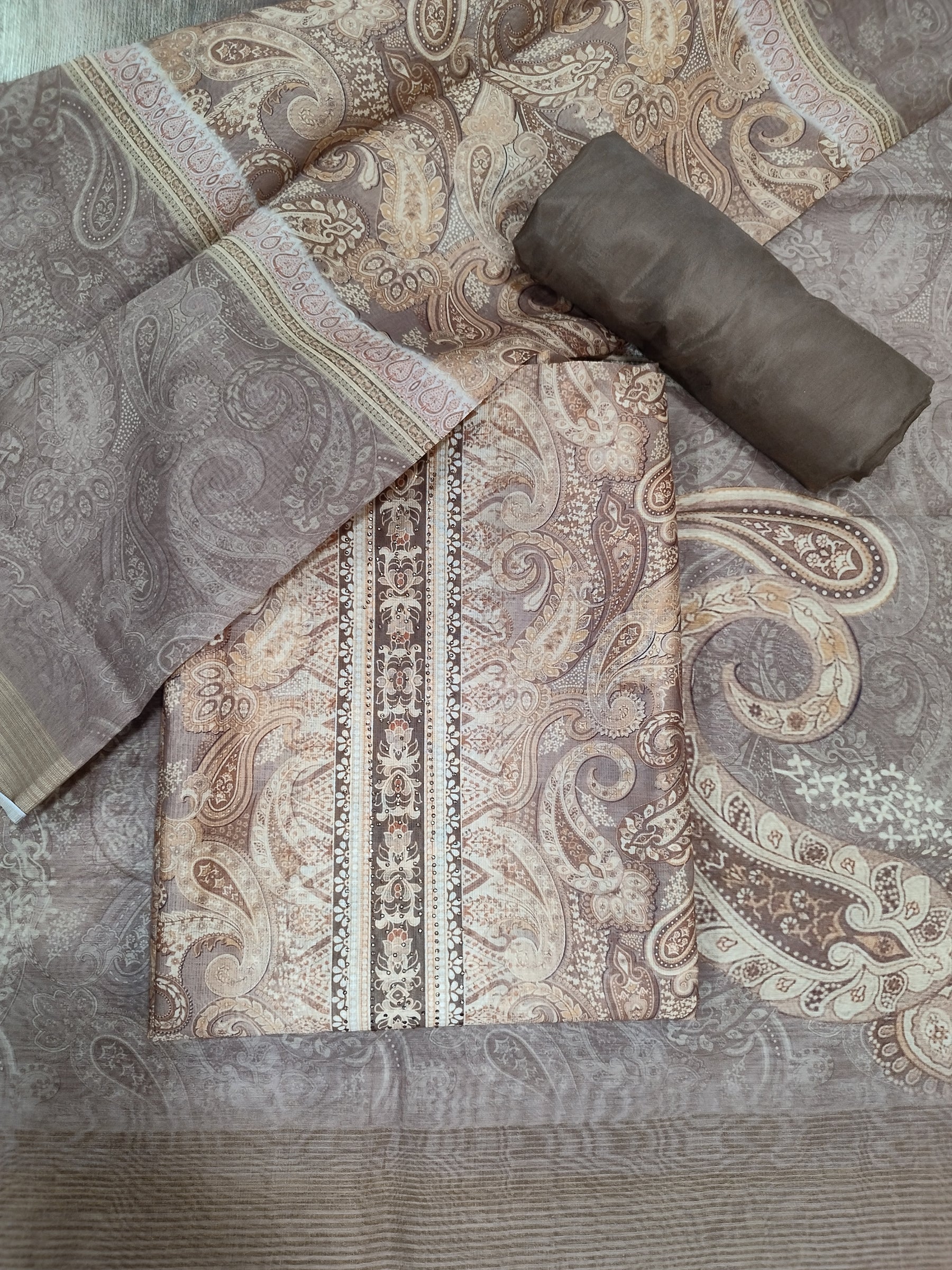 Vibrant Mustard Assam Silk Digital Print Suit | Crystal Embellished Paisley Design