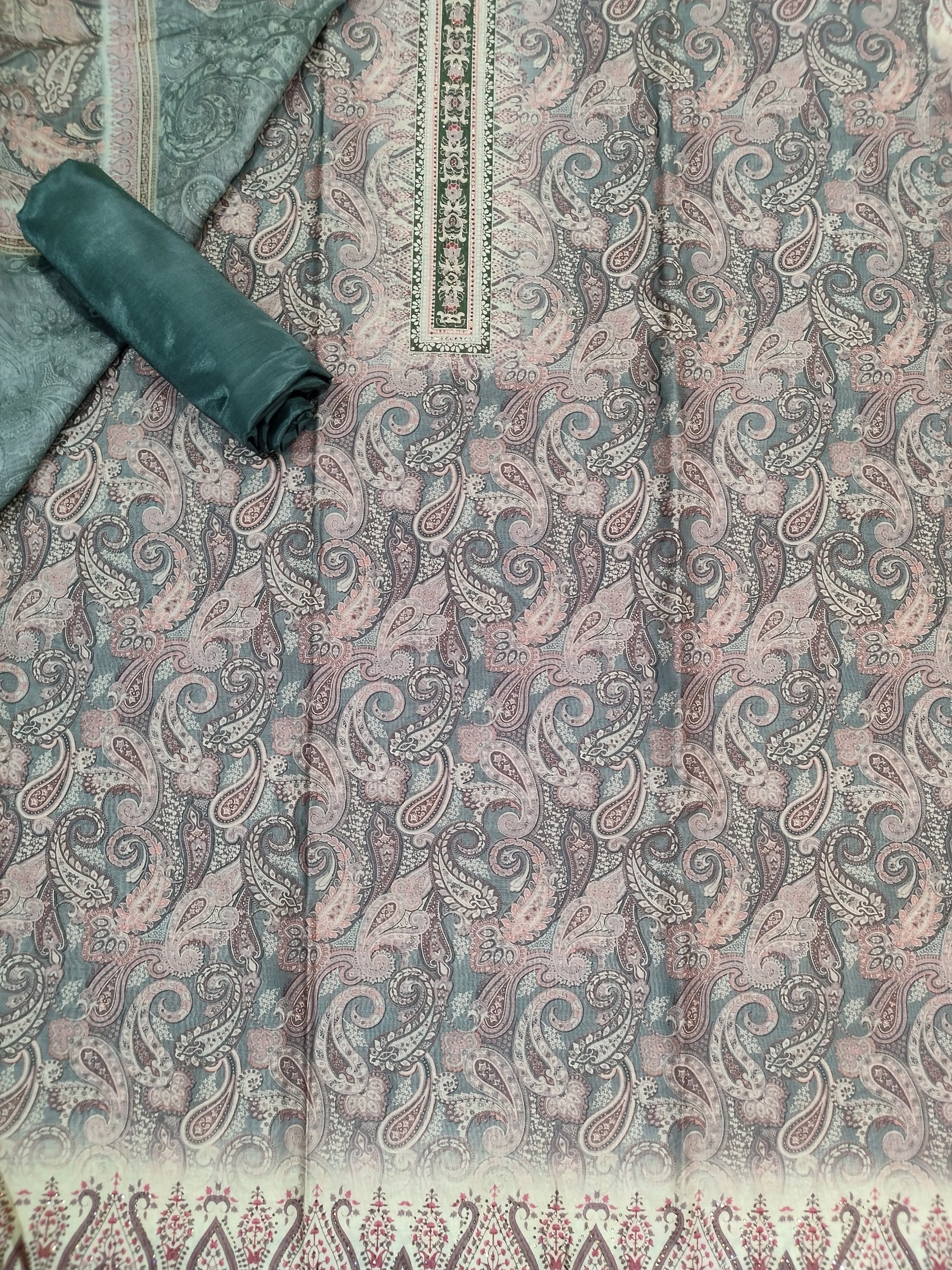 Sophisticated Olive Assam Silk Digital Print Suit | Crystal Embellished Paisley Design