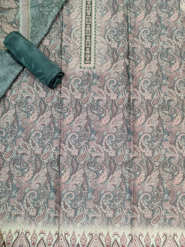 Sophisticated Olive Assam Silk Digital Print Suit | Crystal Embellished Paisley Design