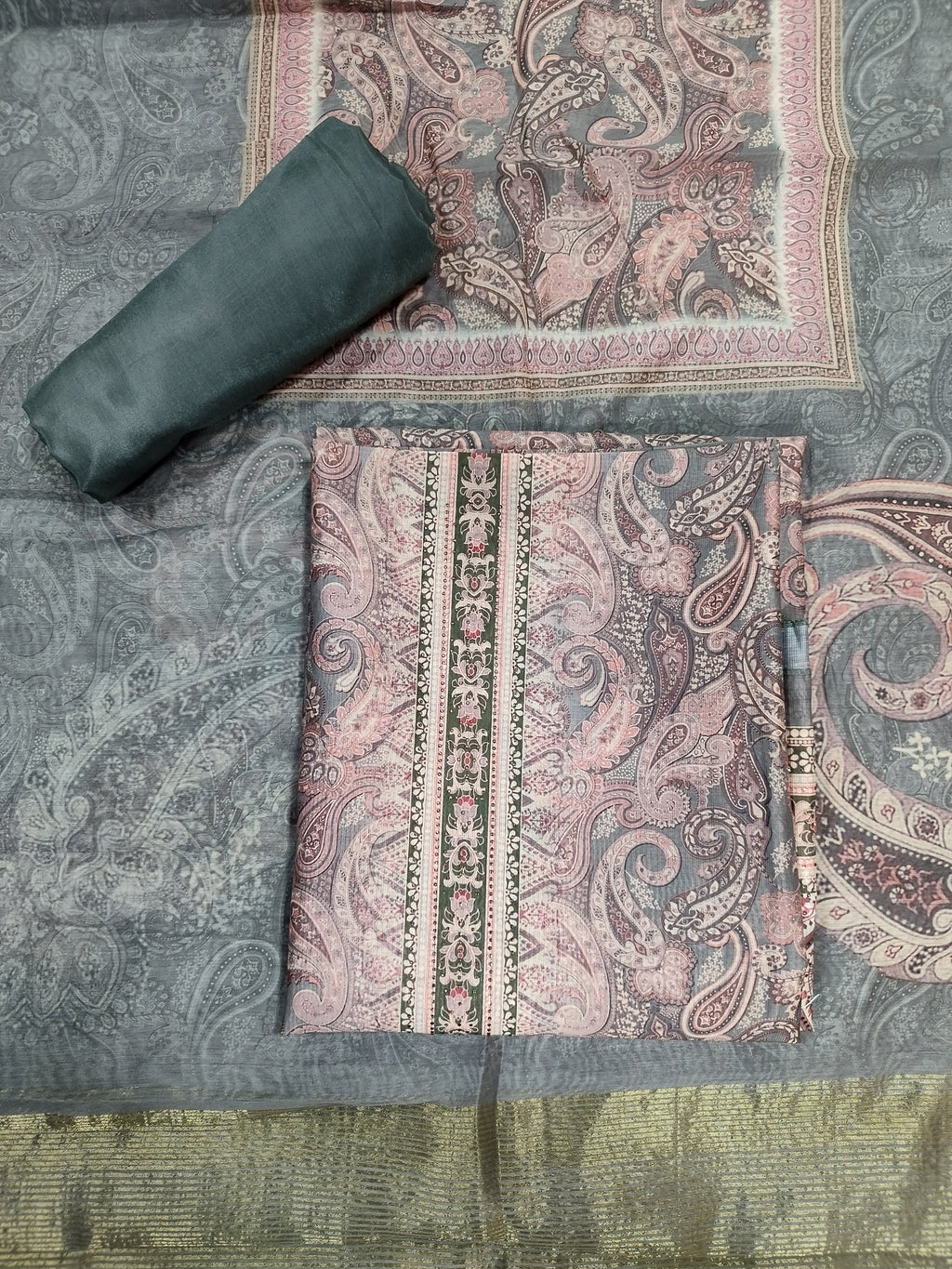 Sophisticated Olive Assam Silk Digital Print Suit | Crystal Embellished Paisley Design