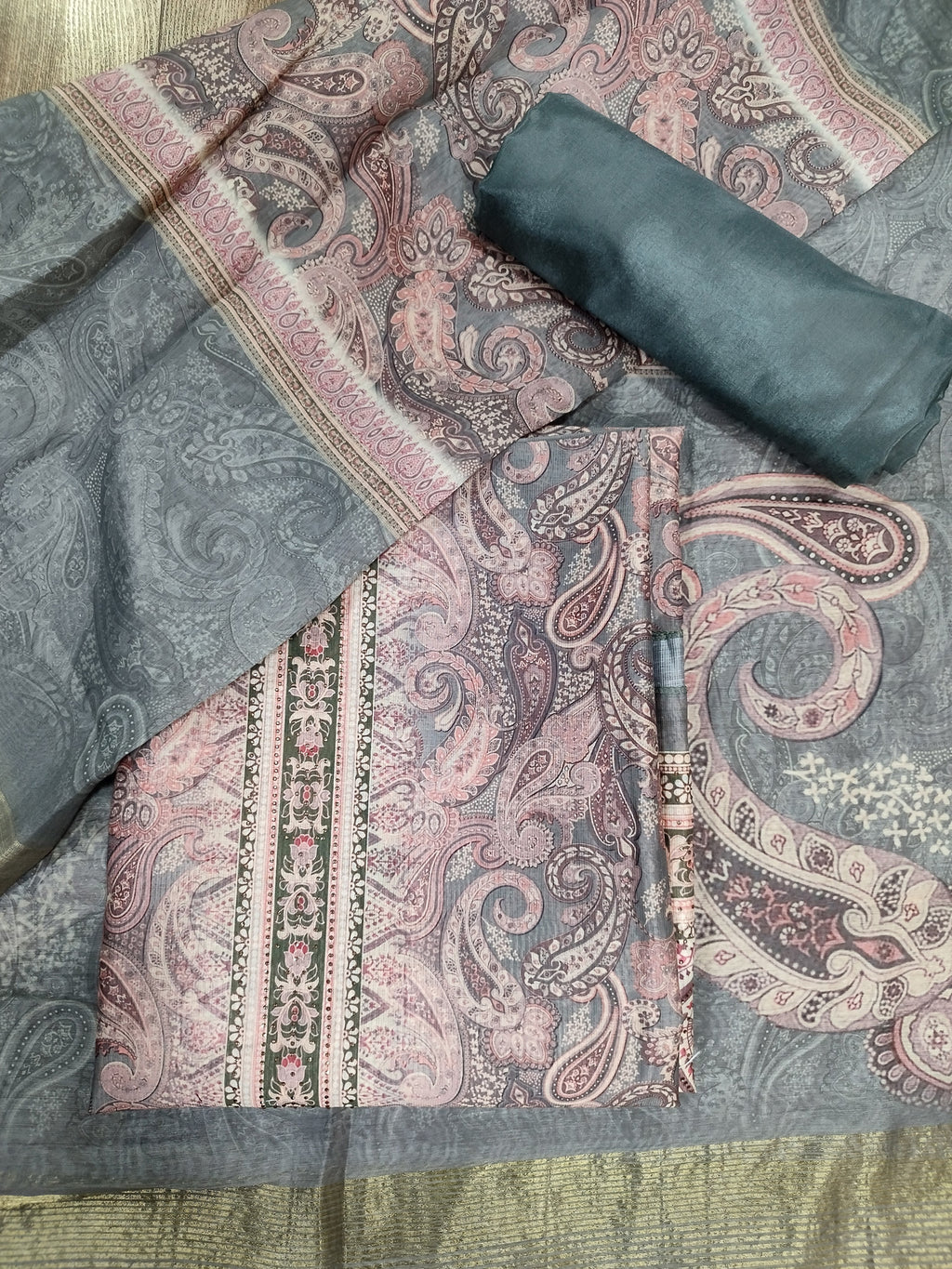 Sophisticated Olive Assam Silk Digital Print Suit | Crystal Embellished Paisley Design