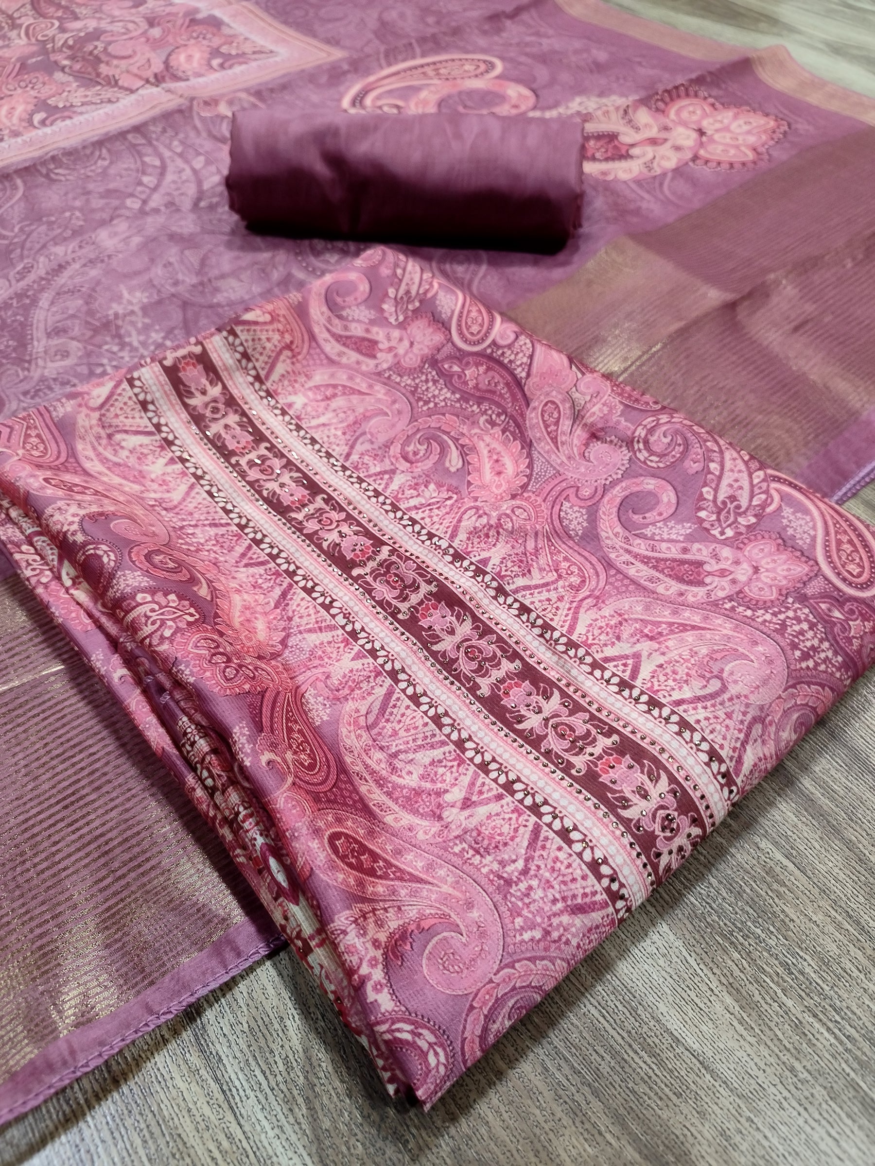 Delicate Pink Assam Silk Digital Print Suit | Crystal Embellished Paisley Design