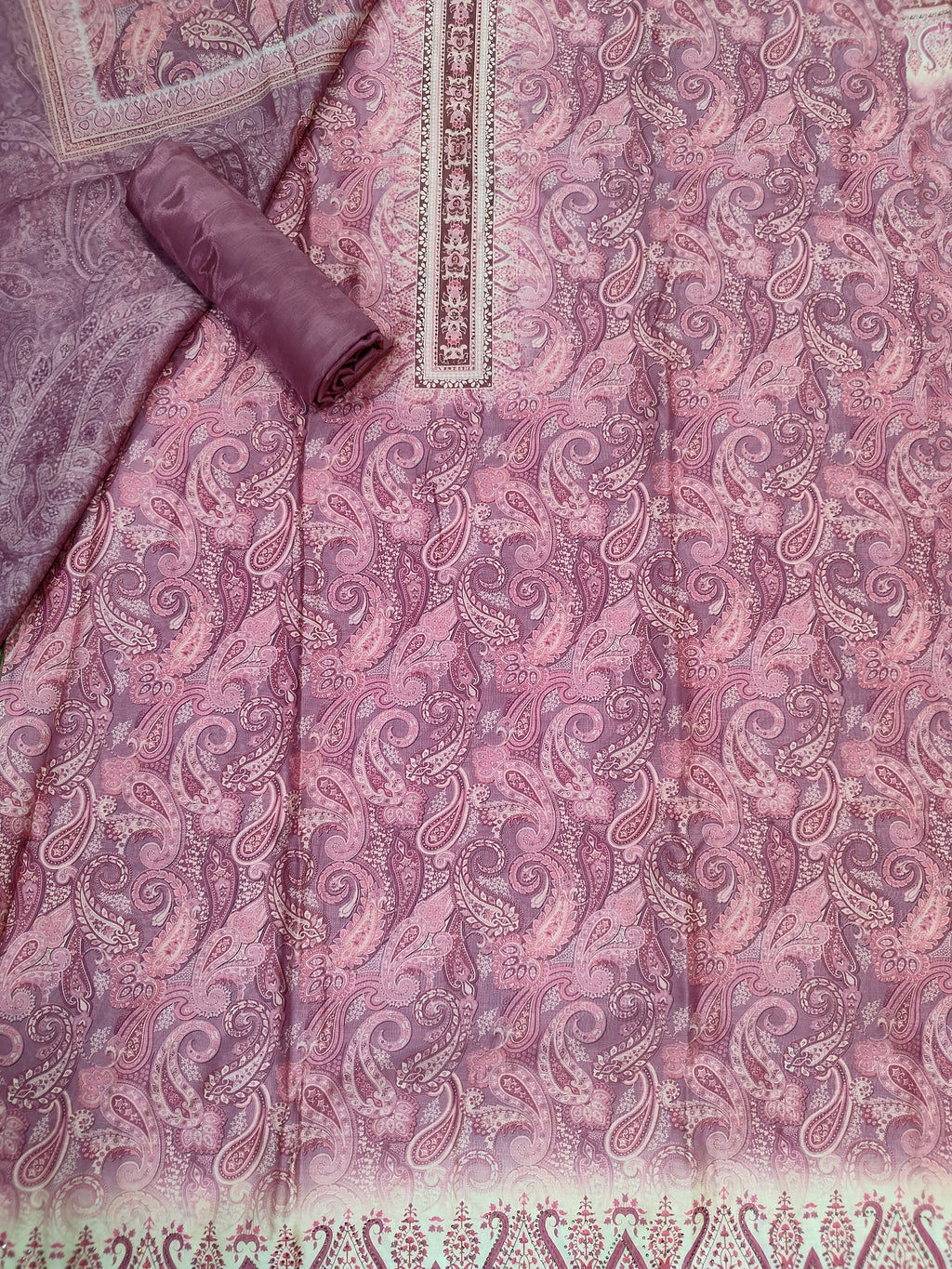 Delicate Pink Assam Silk Digital Print Suit | Crystal Embellished Paisley Design