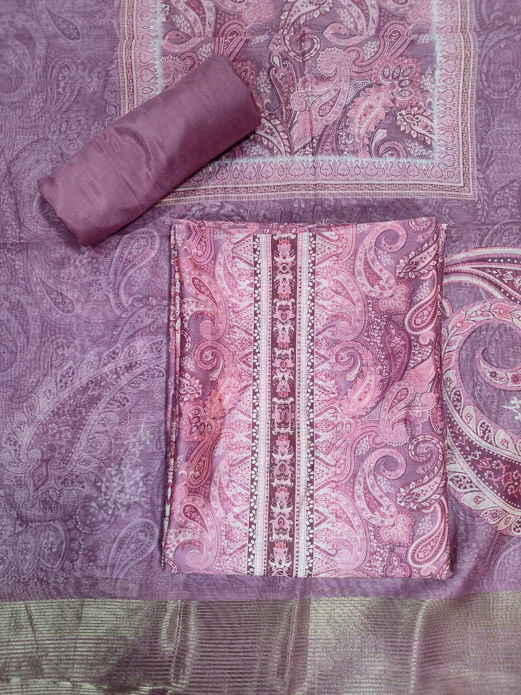 Delicate Pink Assam Silk Digital Print Suit | Crystal Embellished Paisley Design