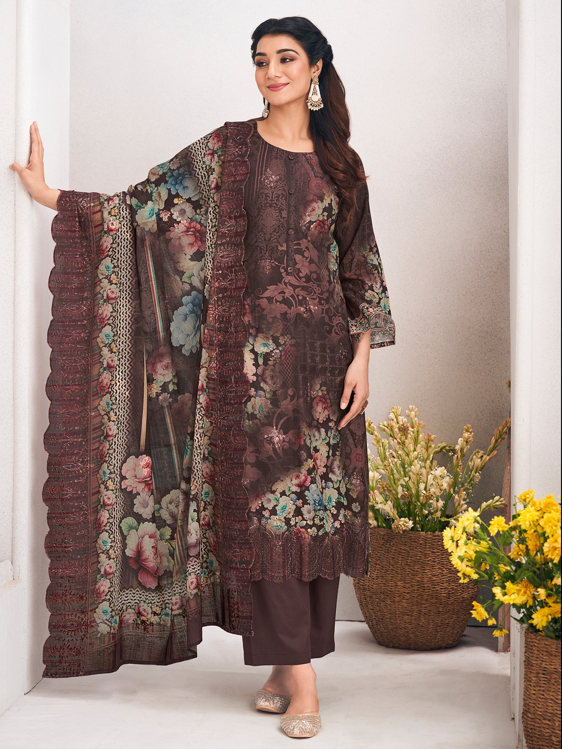Brown Lawn Cotton Digital Print Dress Material | Resham Thread Work & Floral Cut Work Couture
