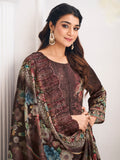 Brown Lawn Cotton Digital Print Dress Material | Resham Thread Work & Floral Cut Work Couture