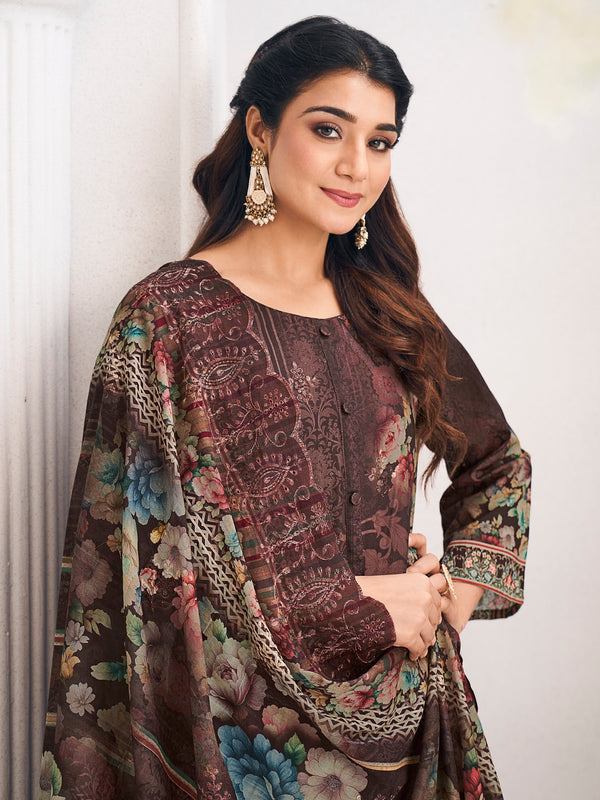Brown Lawn Cotton Digital Print Dress Material | Resham Thread Work & Floral Cut Work Couture