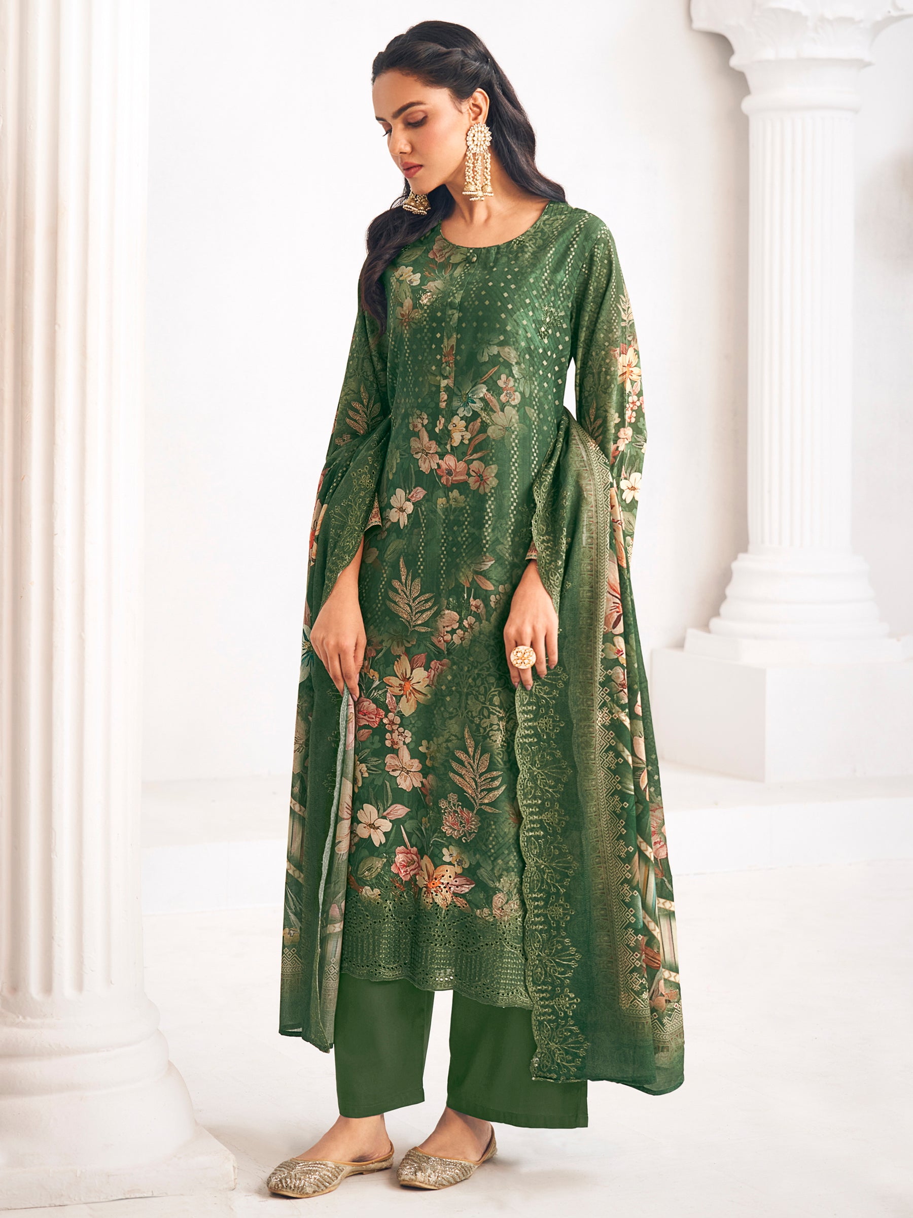 Green Lawn Cotton Digital Print Dress Material | Resham Thread Work & Floral Cut Work Couture