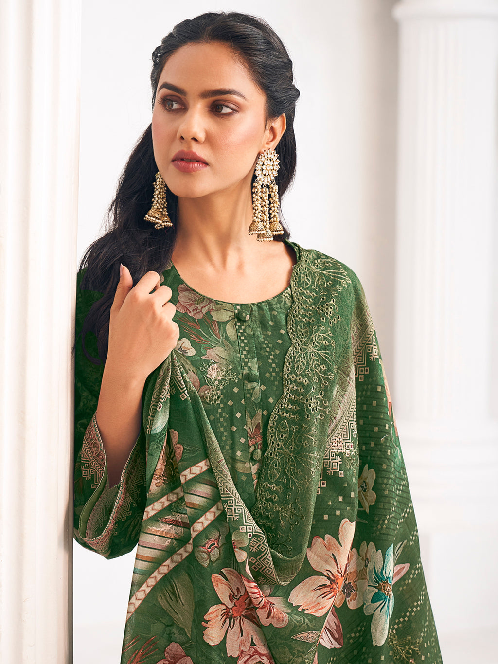 Green Lawn Cotton Digital Print Dress Material | Resham Thread Work & Floral Cut Work Couture