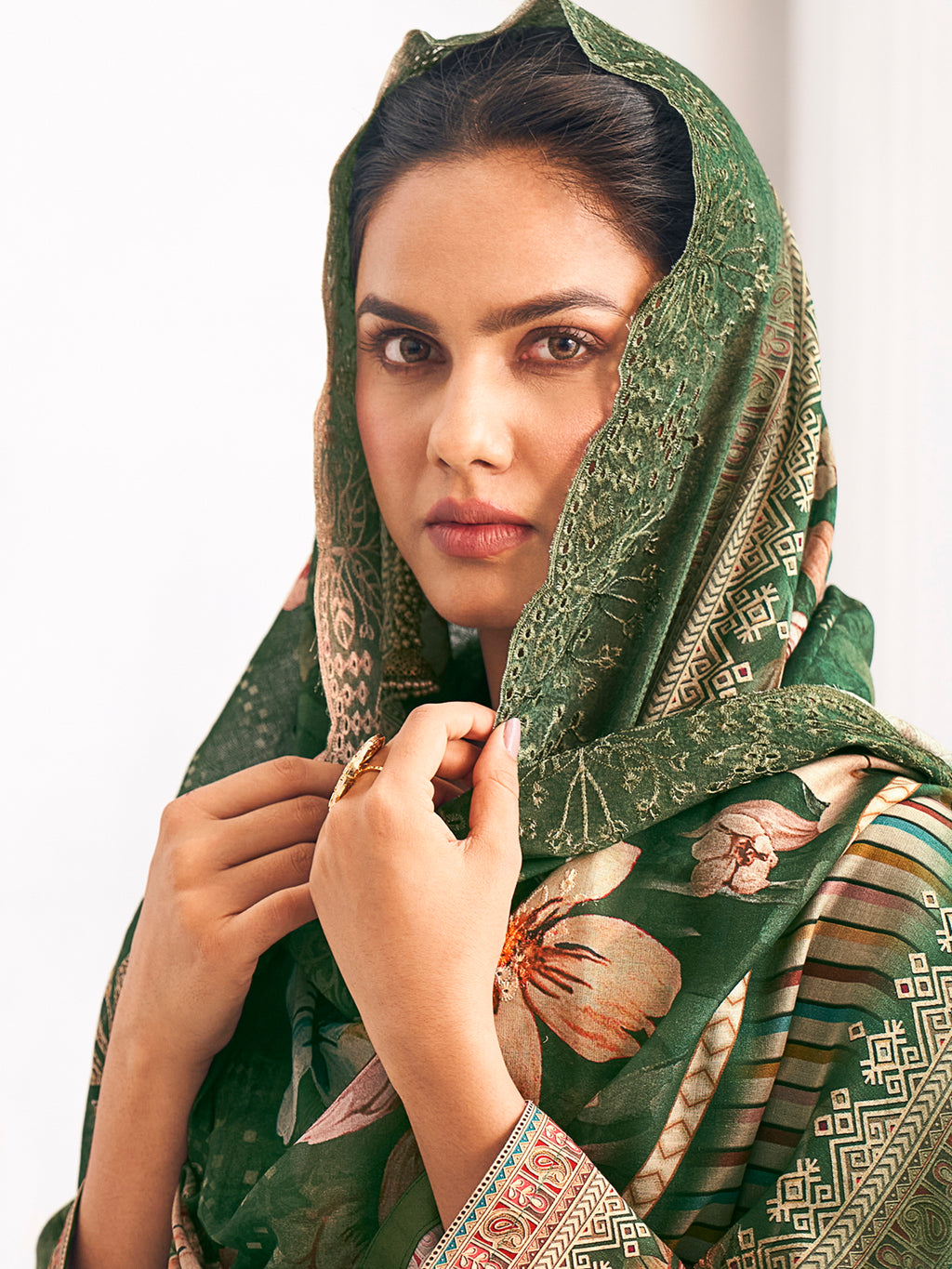 Green Lawn Cotton Digital Print Dress Material | Resham Thread Work & Floral Cut Work Couture