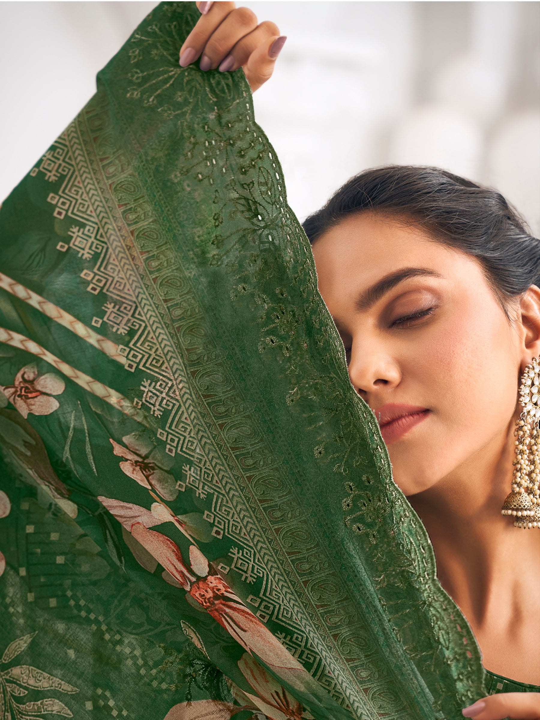 Green Lawn Cotton Digital Print Dress Material | Resham Thread Work & Floral Cut Work Couture