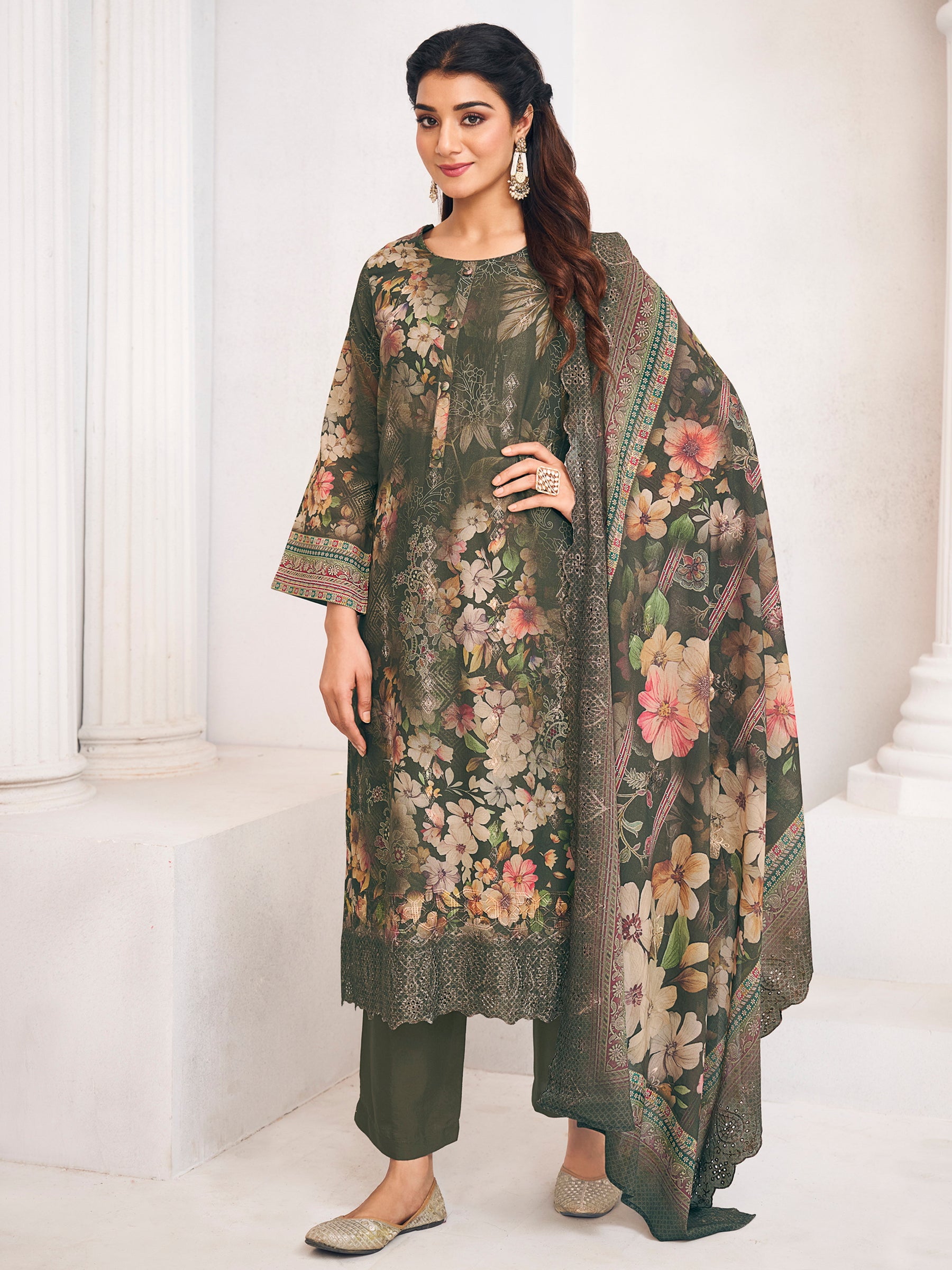 Olive Lawn Cotton Digital Print Dress Material | Resham Thread Work & Floral Cut Work Couture
