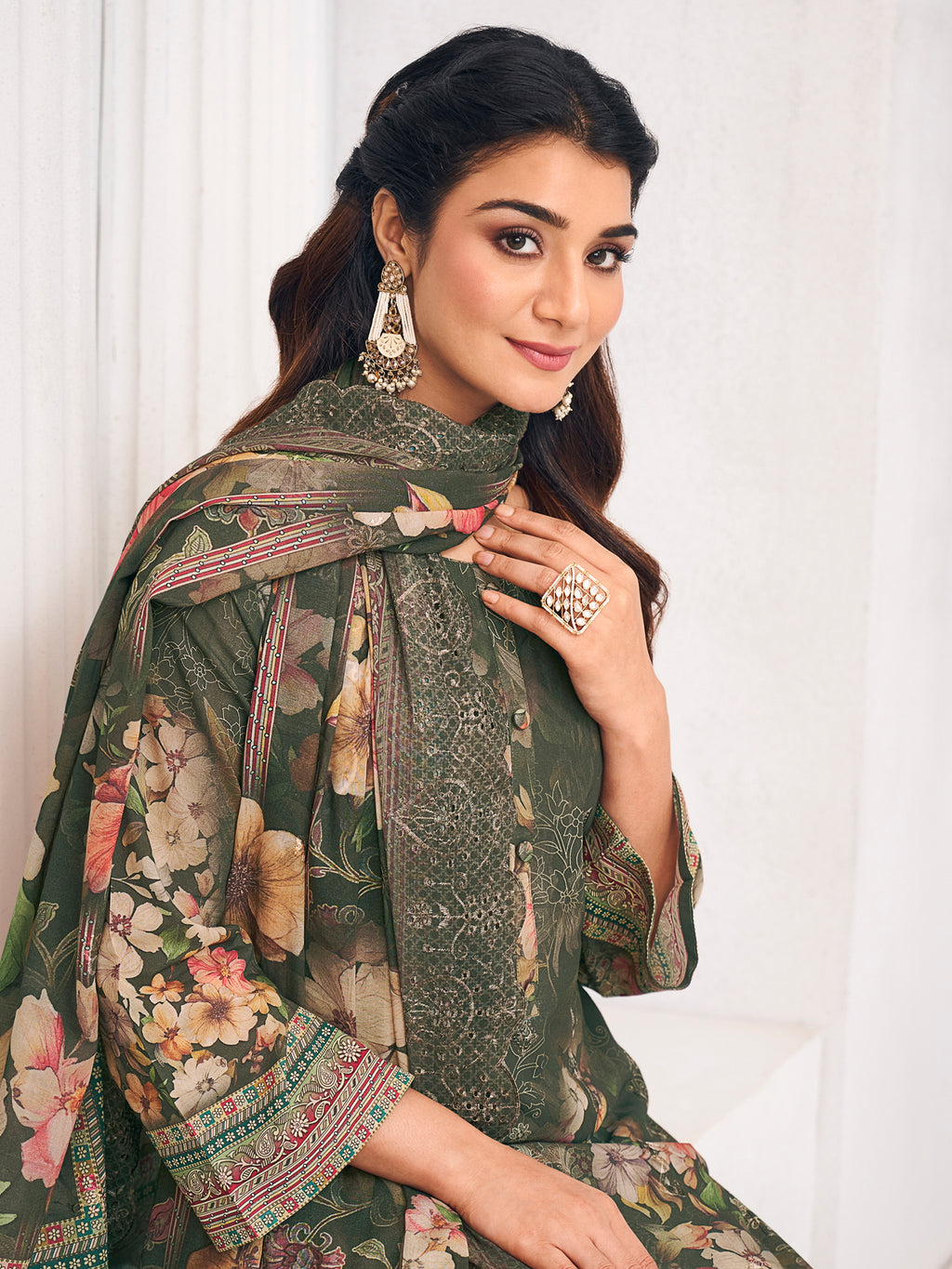 Olive Lawn Cotton Digital Print Dress Material | Resham Thread Work & Floral Cut Work Couture