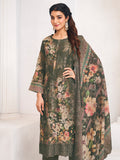 Olive Lawn Cotton Digital Print Dress Material | Resham Thread Work & Floral Cut Work Couture