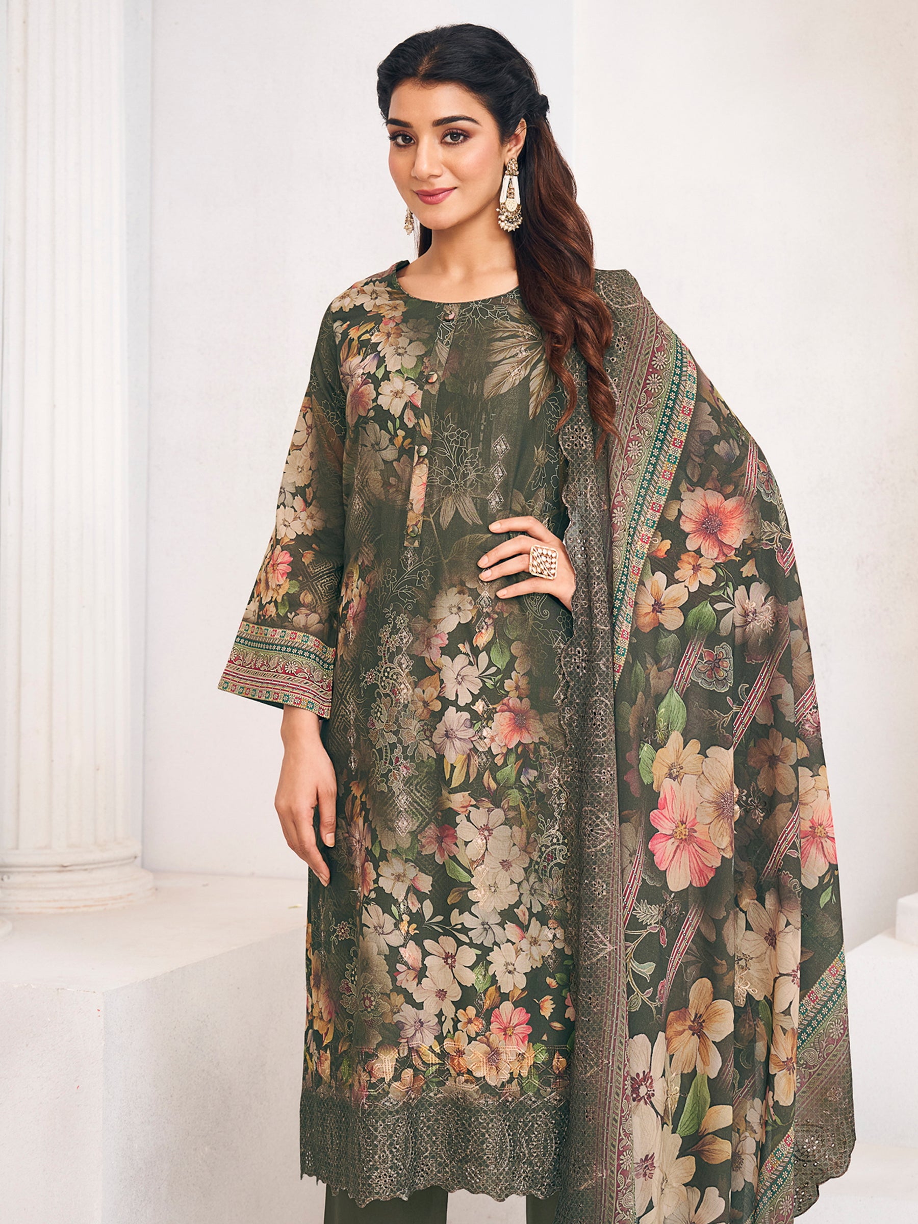 Olive Lawn Cotton Digital Print Dress Material | Resham Thread Work & Floral Cut Work Couture