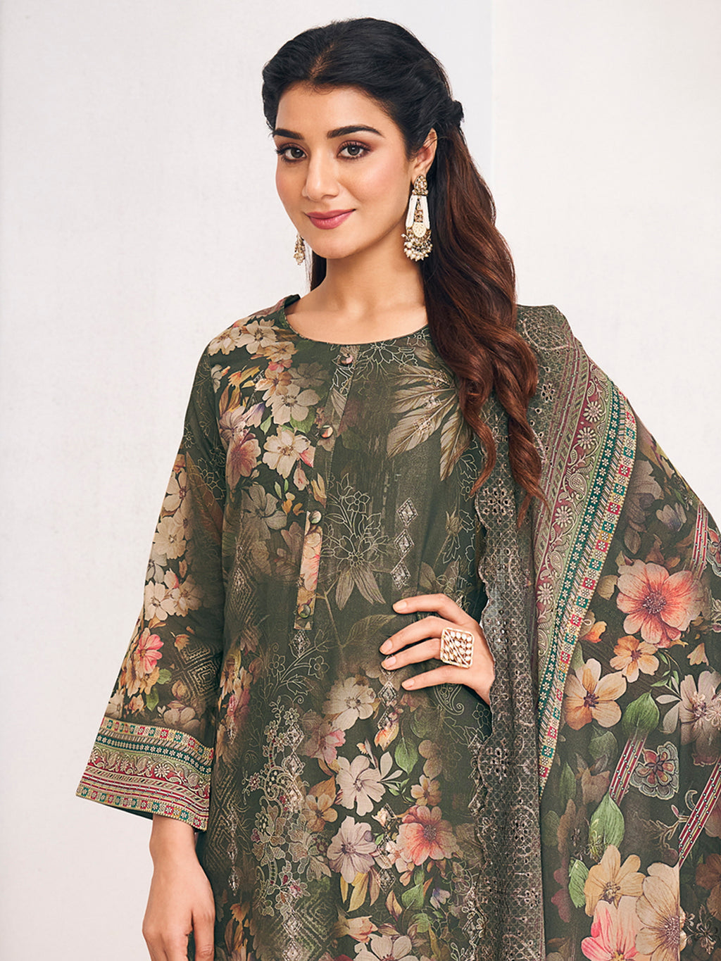 Olive Lawn Cotton Digital Print Dress Material | Resham Thread Work & Floral Cut Work Couture