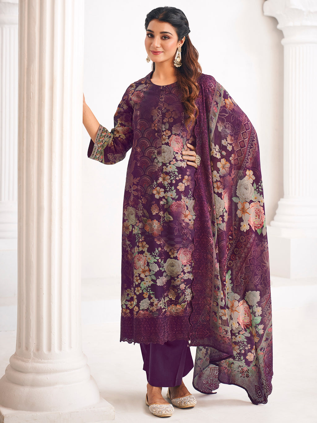 Purple Lawn Cotton Digital Print Dress Material | Resham Thread Work & Floral Cut Work Couture