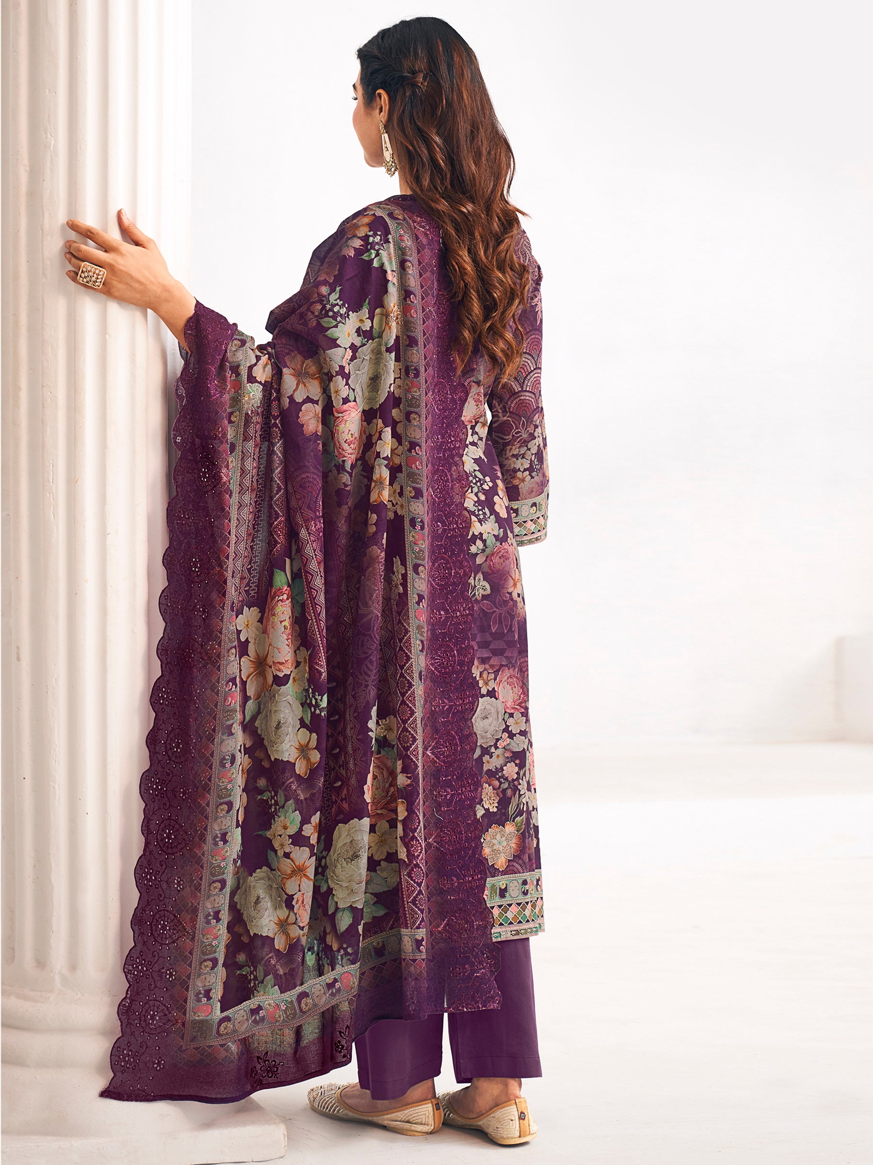 Purple Lawn Cotton Digital Print Dress Material | Resham Thread Work & Floral Cut Work Couture