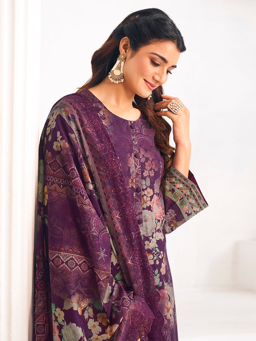 Purple Lawn Cotton Digital Print Dress Material | Resham Thread Work & Floral Cut Work Couture