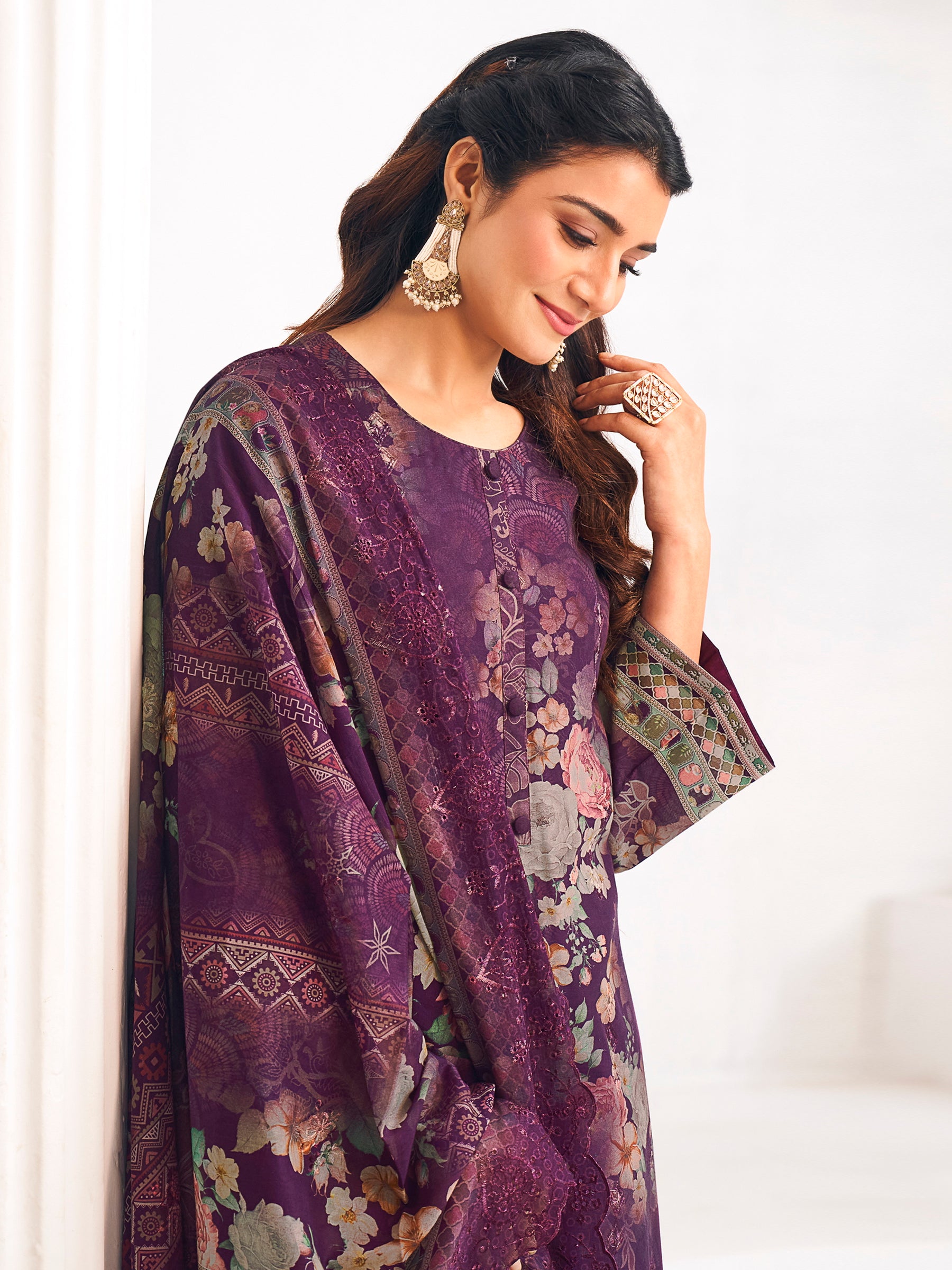 Purple Lawn Cotton Digital Print Dress Material | Resham Thread Work & Floral Cut Work Couture