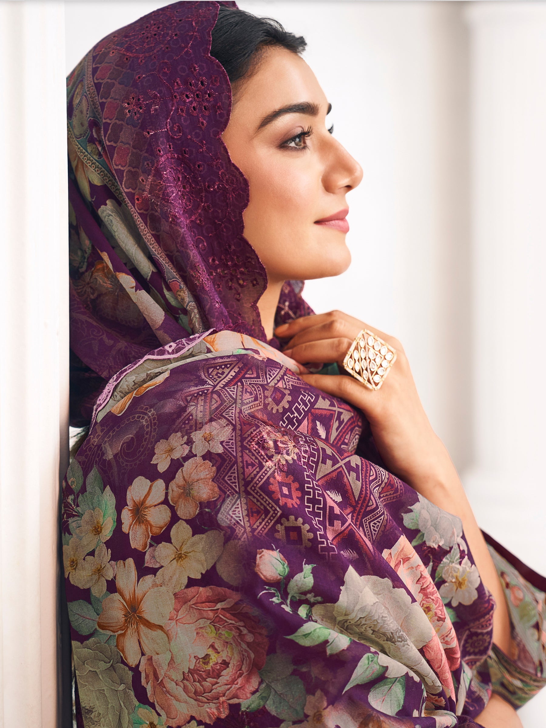 Purple Lawn Cotton Digital Print Dress Material | Resham Thread Work & Floral Cut Work Couture