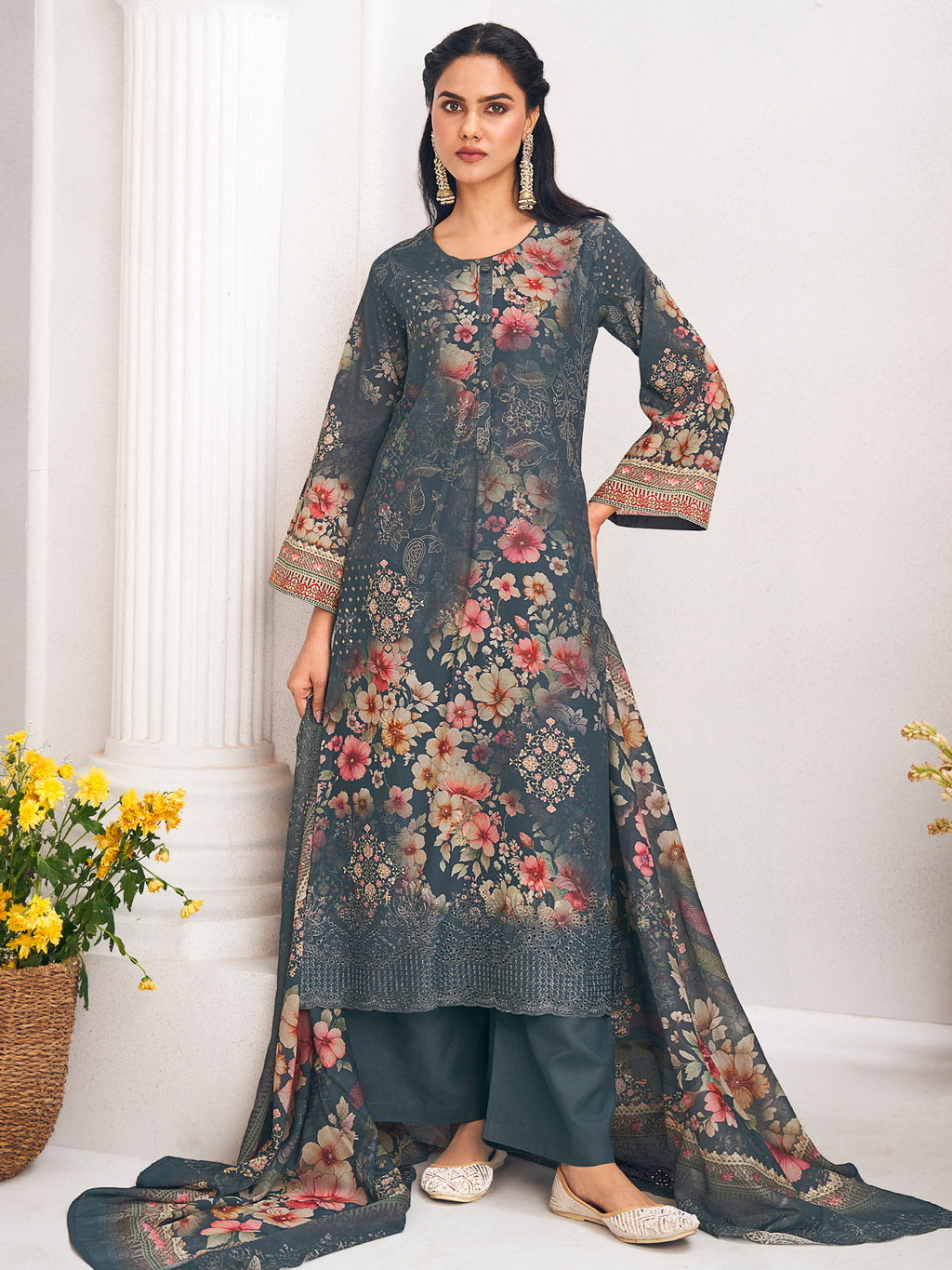 Navy Blue Lawn Cotton Digital Print Dress Material | Resham Thread Work & Floral Cut Work Couture