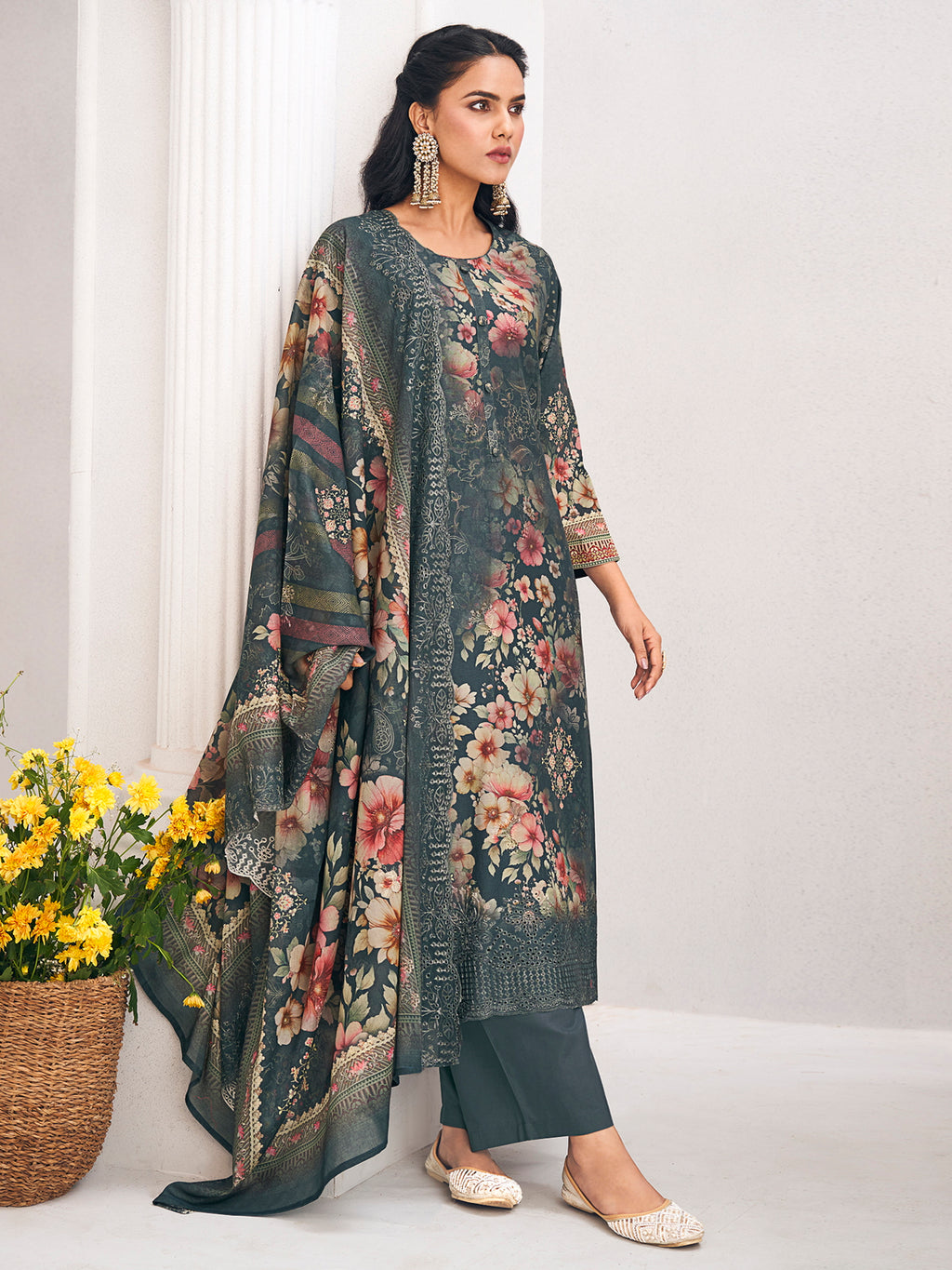 Navy Blue Lawn Cotton Digital Print Dress Material | Resham Thread Work & Floral Cut Work Couture