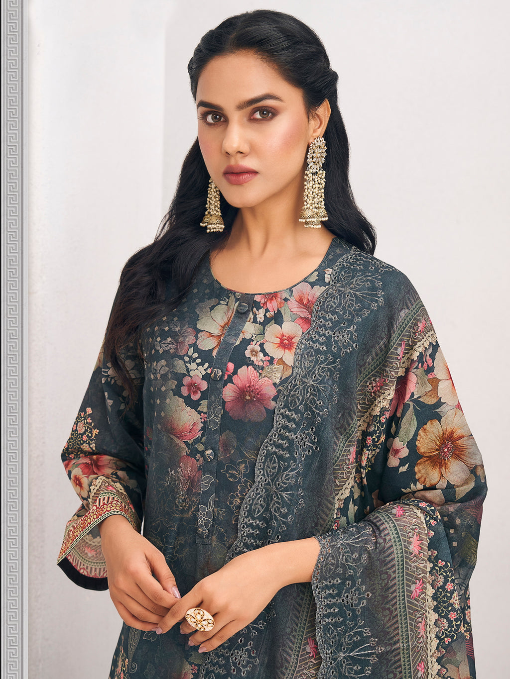 Navy Blue Lawn Cotton Digital Print Dress Material | Resham Thread Work & Floral Cut Work Couture