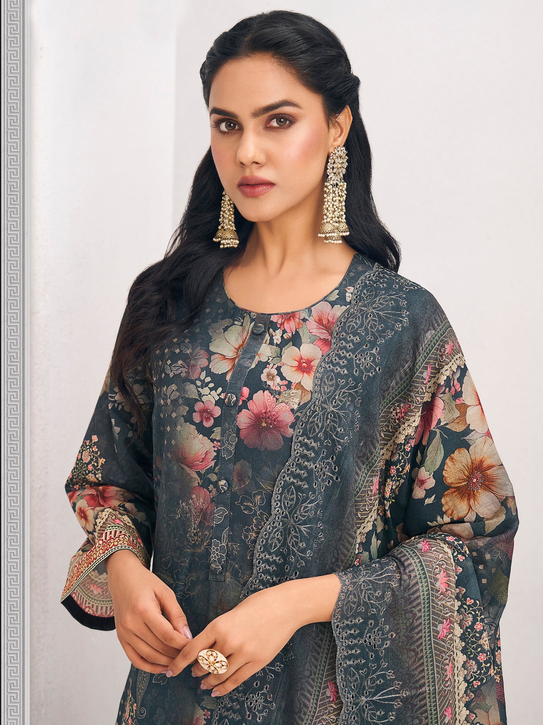 Navy Blue Lawn Cotton Digital Print Dress Material | Resham Thread Work & Floral Cut Work Couture