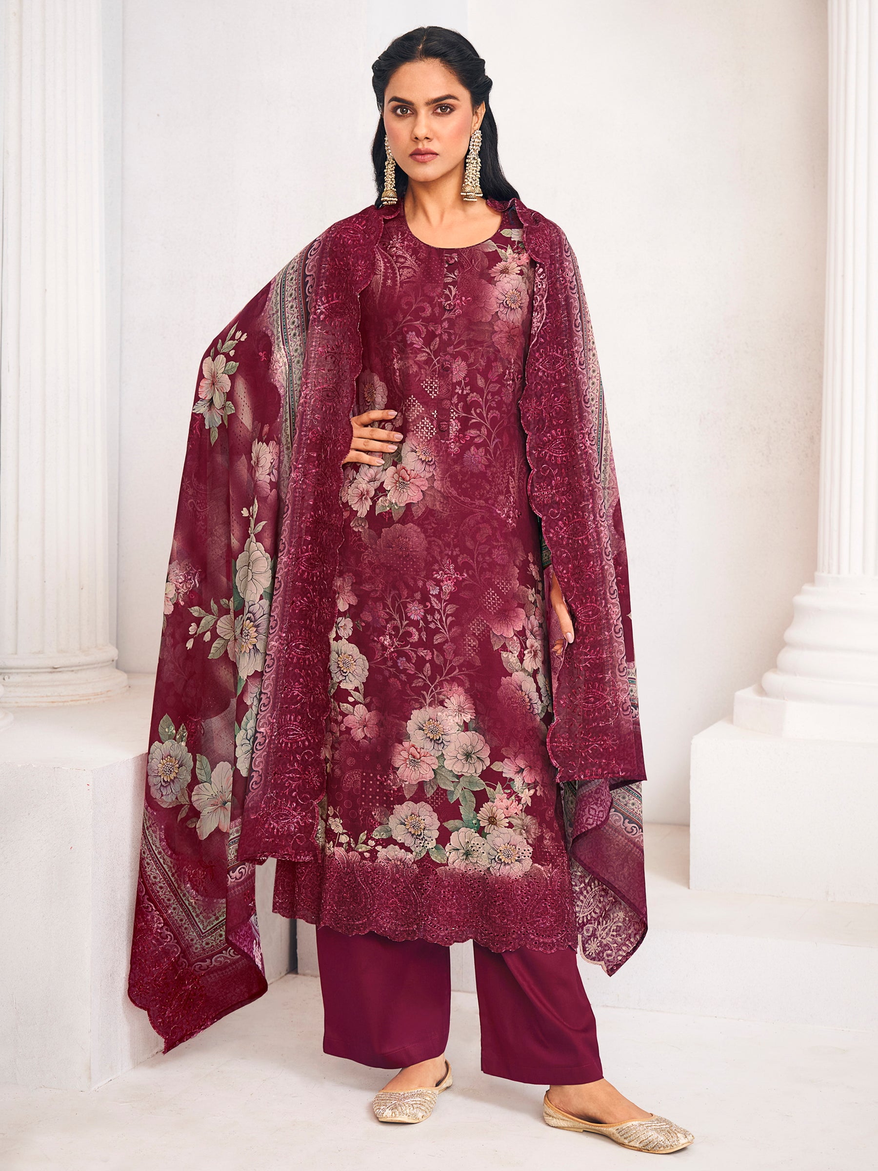 Maroon Lawn Cotton Digital Print Dress Material | Resham Thread Work & Floral Cut Work Couture