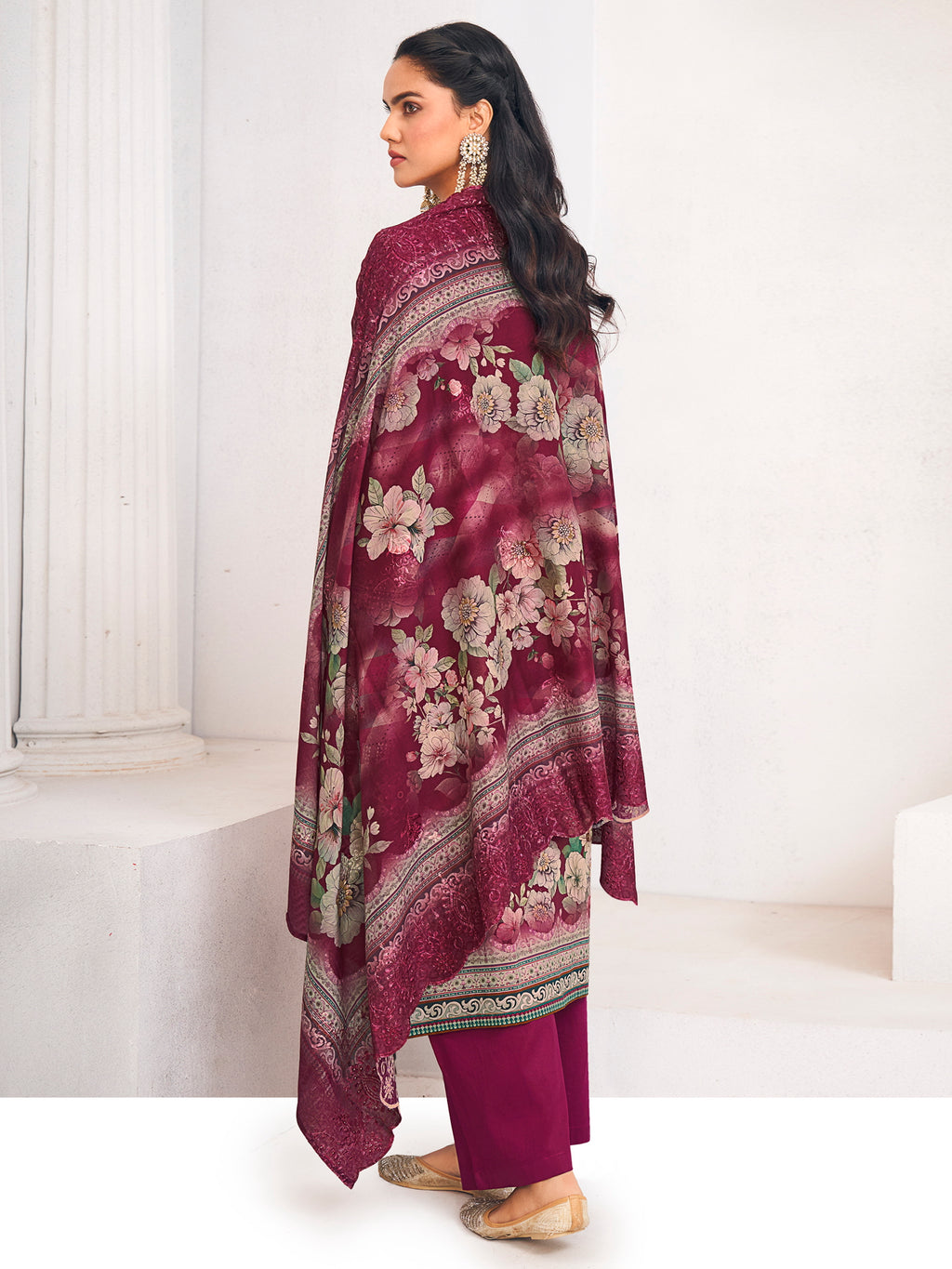 Maroon Lawn Cotton Digital Print Dress Material | Resham Thread Work & Floral Cut Work Couture