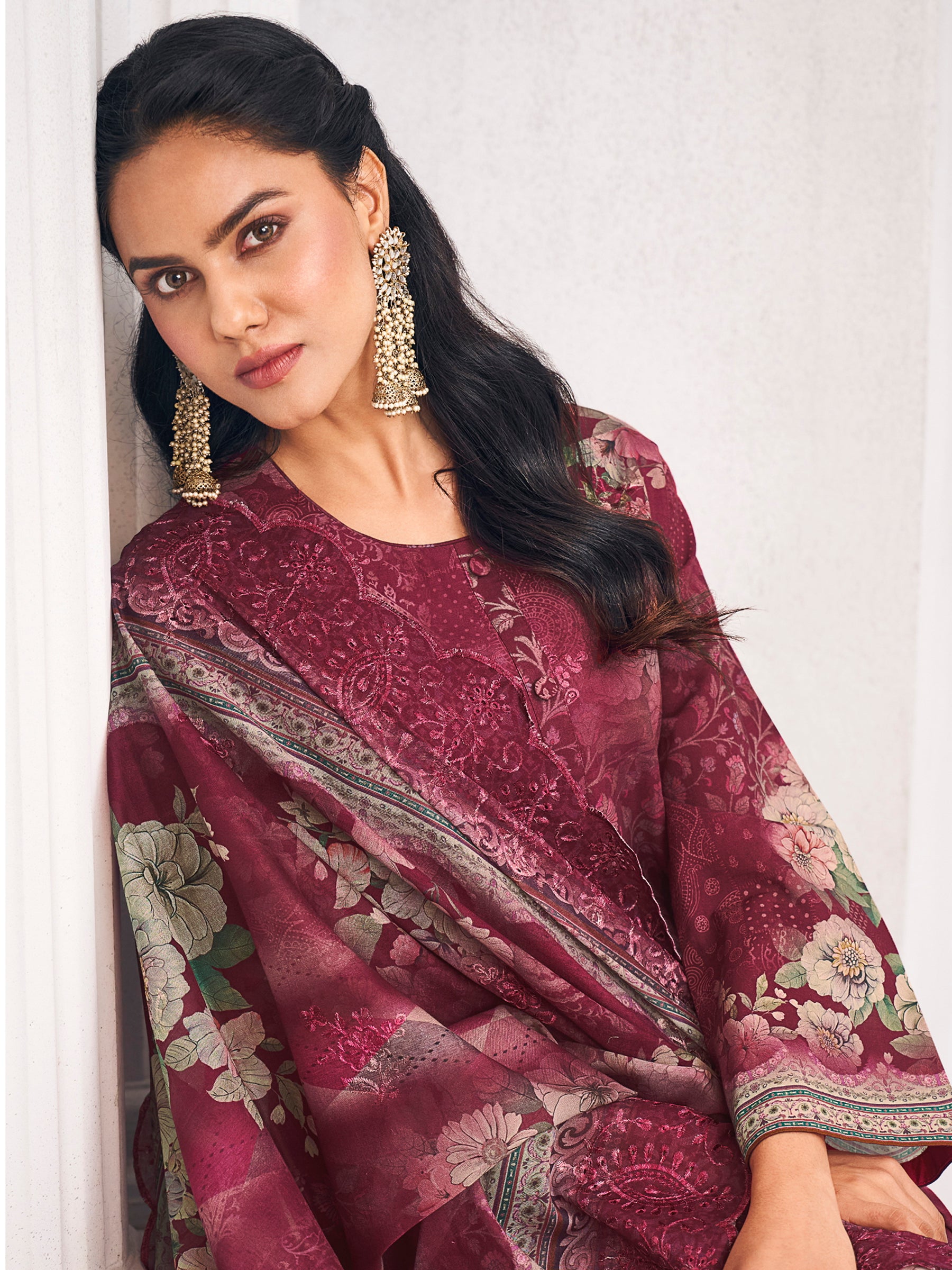 Maroon Lawn Cotton Digital Print Dress Material | Resham Thread Work & Floral Cut Work Couture